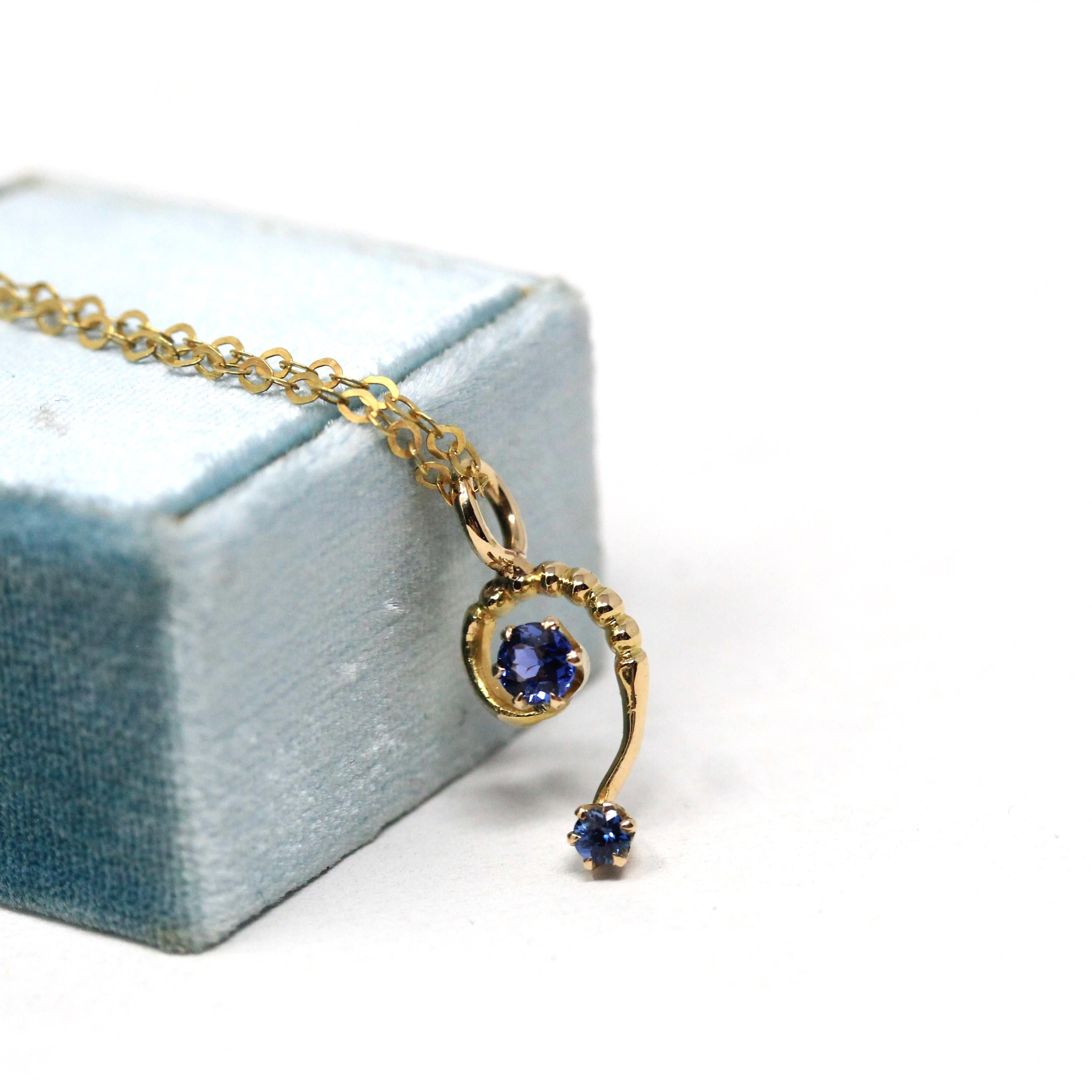 Antique Question Mark Charm - Edwardian 14k Yellow Gold Created Blue Sapphire Gemstone Necklace Pendant - Circa 1910s Stick Pin Fine Jewelry
