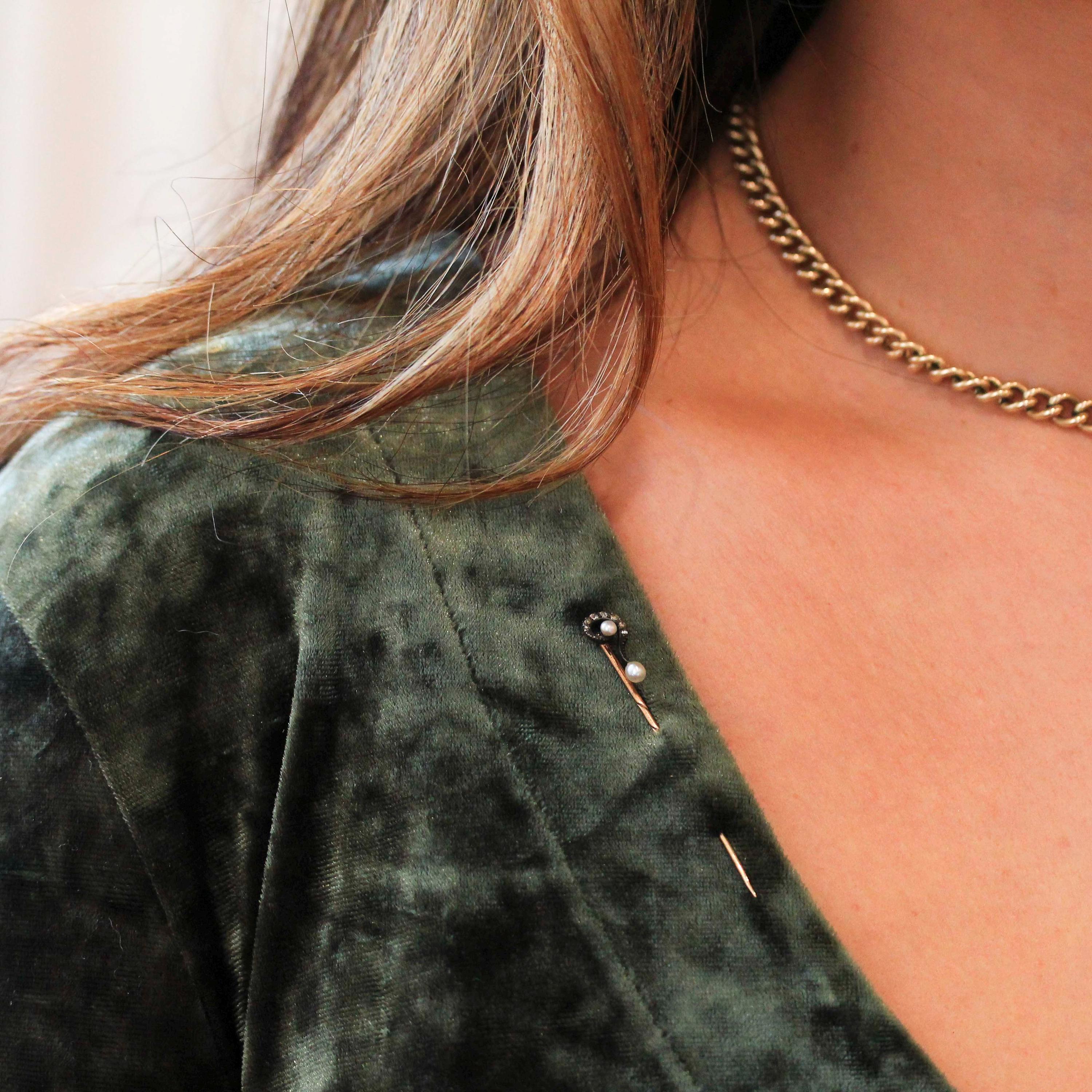 Question Mark Stick Pin - Antique Sterling Silver & 14k Yellow Gold Lapel Cravat Brooch - Victorian Era 1890s Pearl And Diamond Fine Jewelry