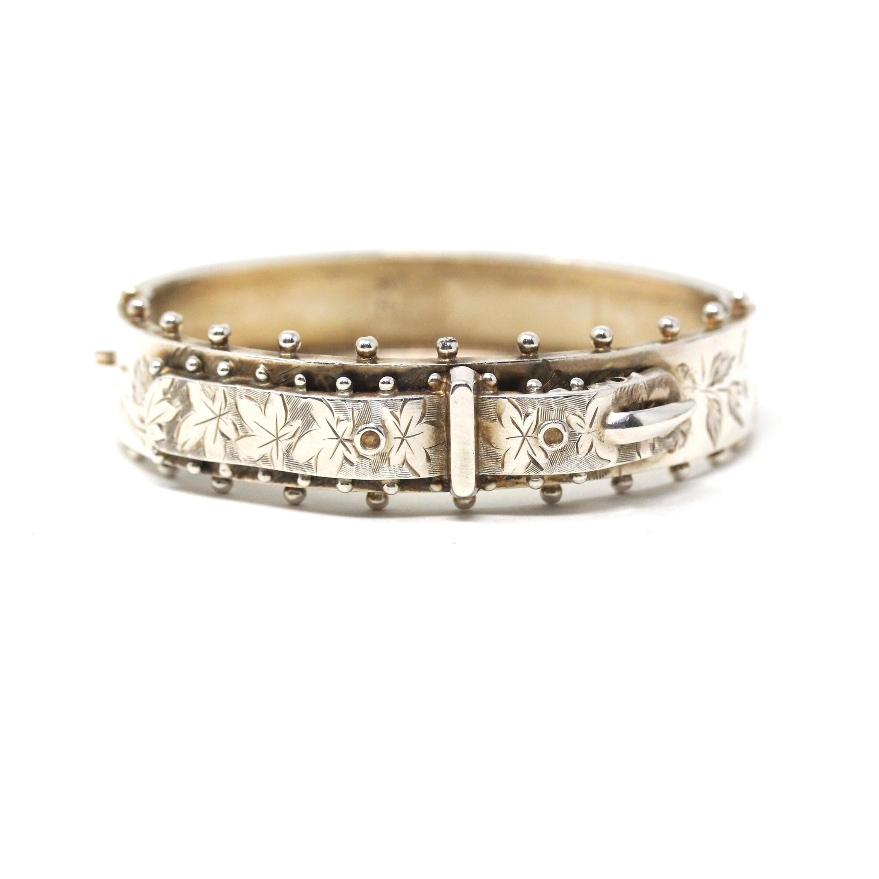 Antique Buckle Bangle - Vintage Sterling Silver Engraved Leaf Design Bracelet - Victorian Era 1880s Studded Birmingham England Belt Jew