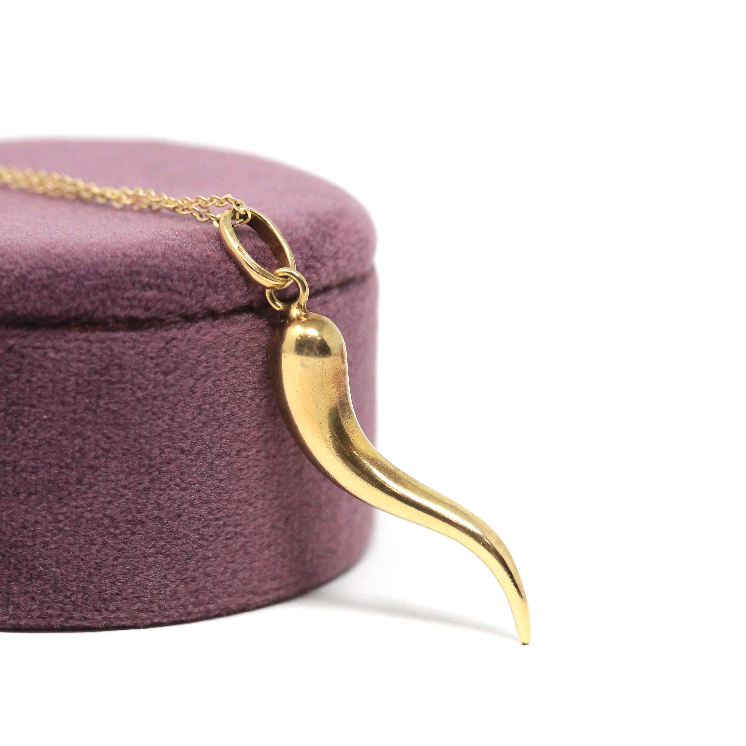 Italian Horn Charm - Retro 14k Yellow Gold Italy Cornicello Good Luck Pendant Necklace - Vintage 1970s Era Ward Off Evil Amulet Fine Jewelry