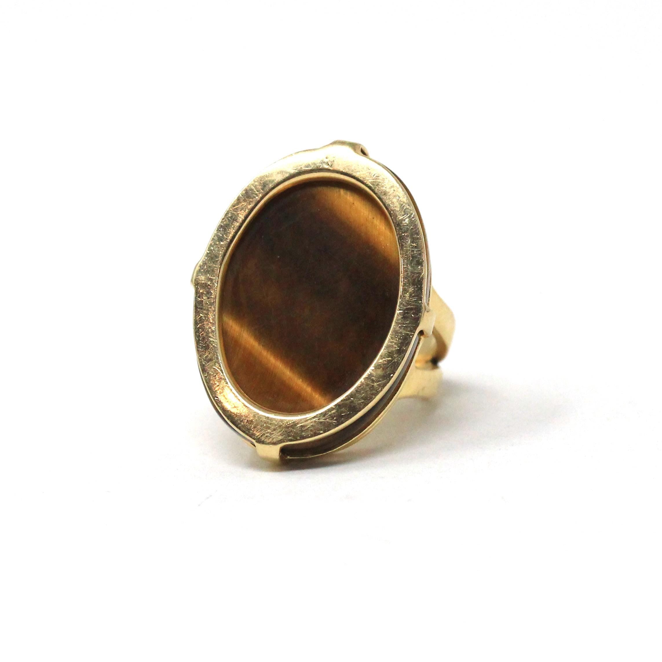 Tiger's Eye Ring - Retro 14k Yellow Gold Natural Brown Gemstone Statement - Vintage Circa 1970s Era Size 6 Oval Chatoyancy Fine 70s Jewelry