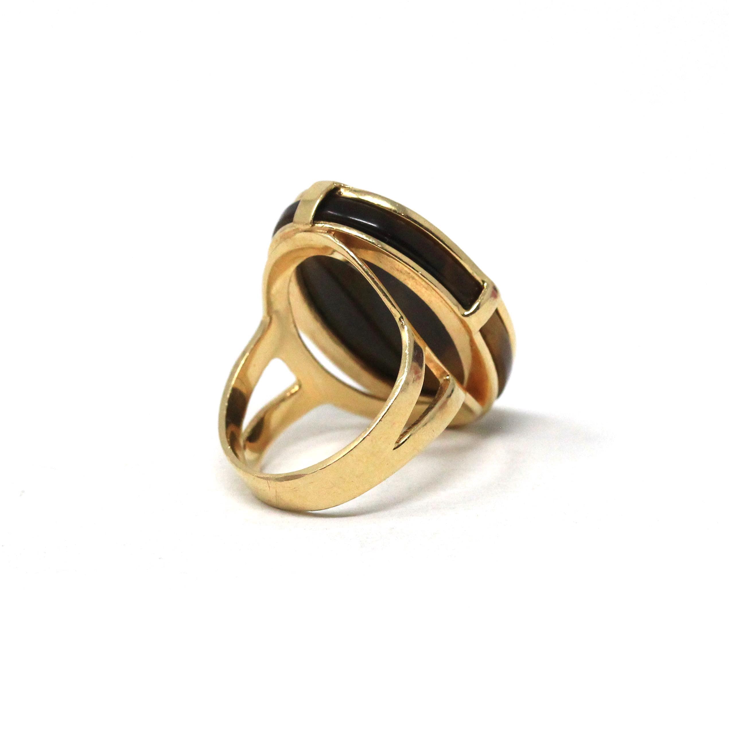 Tiger's Eye Ring - Retro 14k Yellow Gold Natural Brown Gemstone Statement - Vintage Circa 1970s Era Size 6 Oval Chatoyancy Fine 70s Jewelry