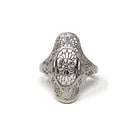 Vintage Shield Ring - Art Deco Style 10k White Gold Natural Diamond - Mid Century 1950s Era Size 3.75 Pinky Fine Filigree Open Metal Jewelry