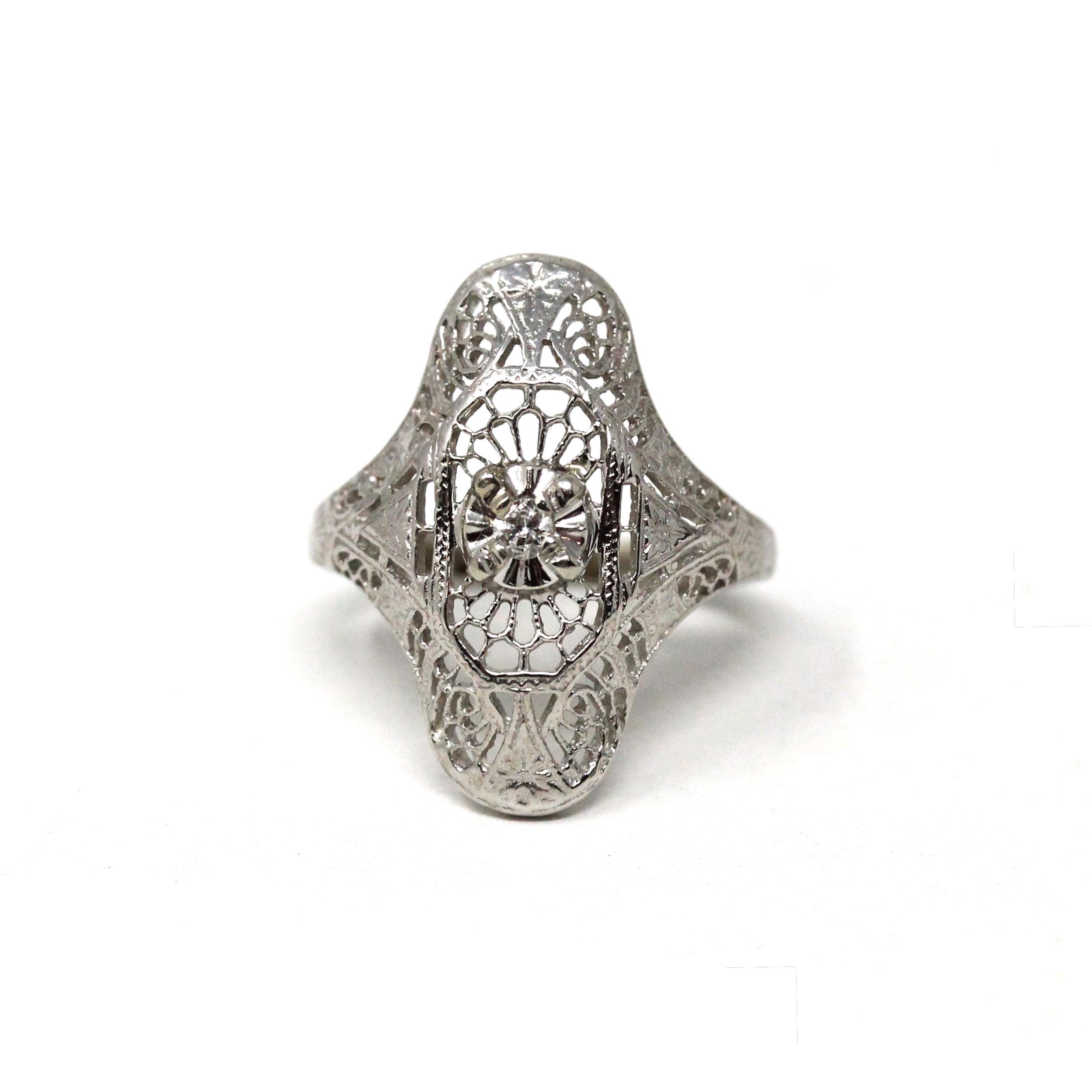 Vintage Shield Ring - Art Deco Style 10k White Gold Natural Diamond - Mid Century 1950s Era Size 3.75 Pinky Fine Filigree Open Metal Jewelry