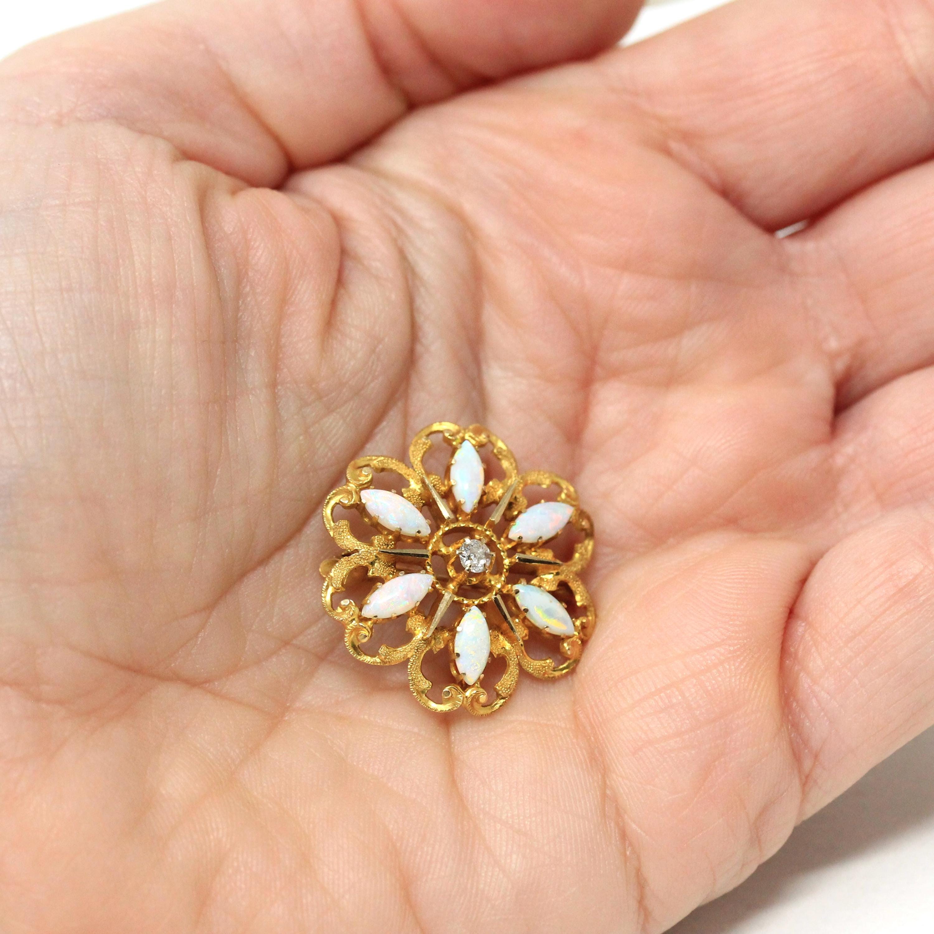 Antique Flower Brooch - Edwardian Era 10k Yellow Gold Natural Opal & Diamond Sunburst Pin - Circa 1900s Fine October Birthstone Jewelry