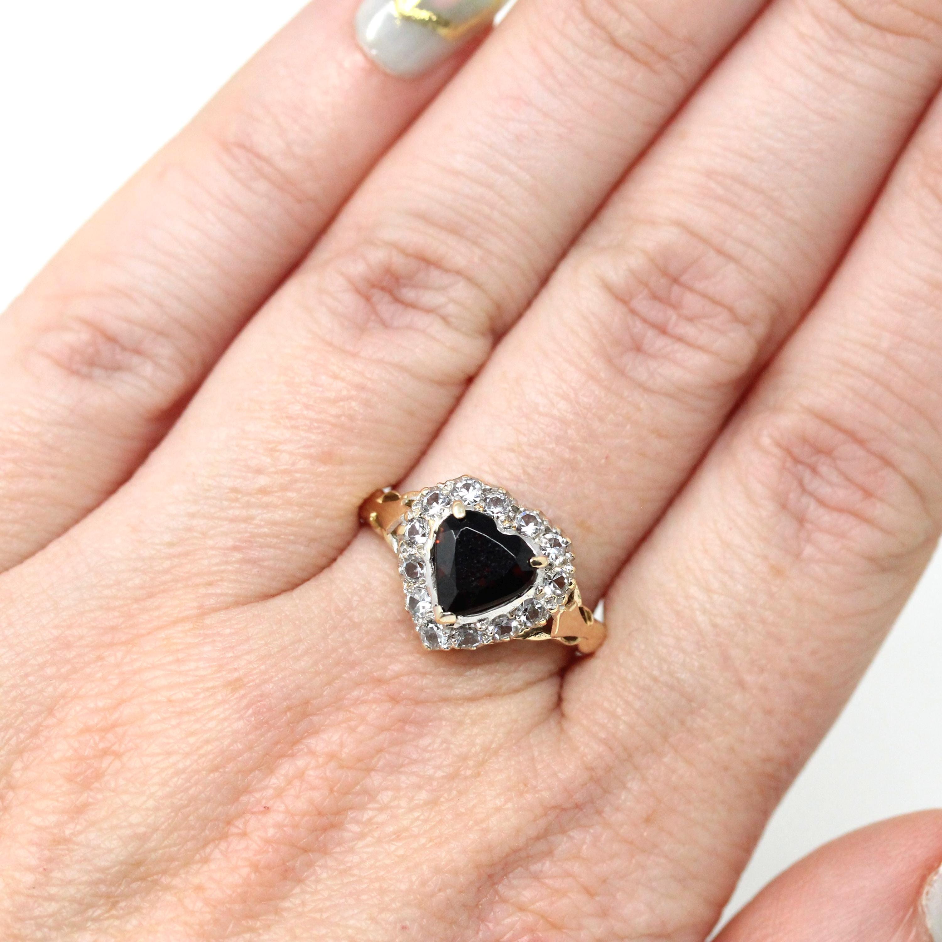 Vintage Heart Halo Ring - Retro 9k Yellow Gold Red Garnet Created White Spinel Statement - Circa 1960s Size 7 3/4 Cluster Fine Love Jewelry