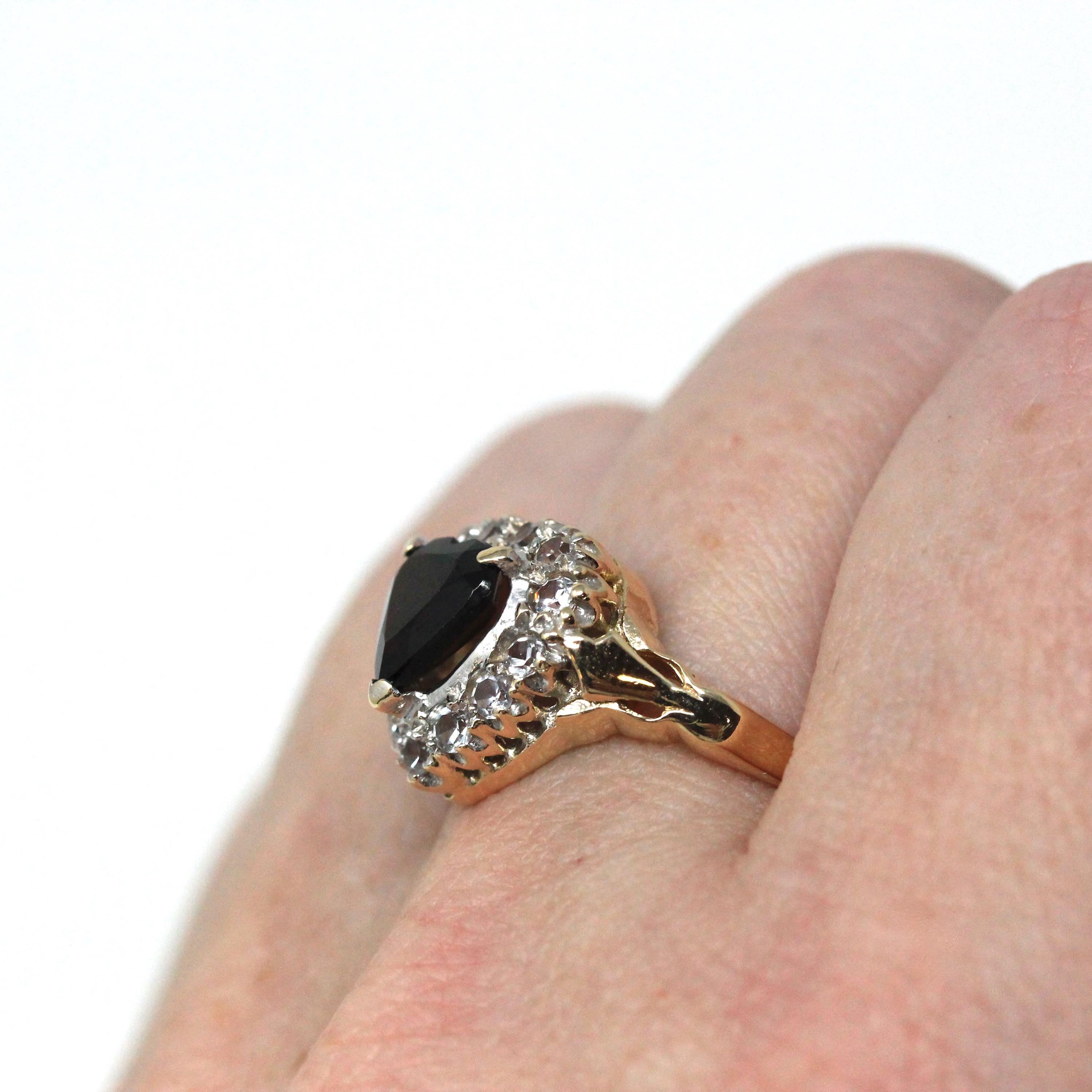 Vintage Heart Halo Ring - Retro 9k Yellow Gold Red Garnet Created White Spinel Statement - Circa 1960s Size 7 3/4 Cluster Fine Love Jewelry