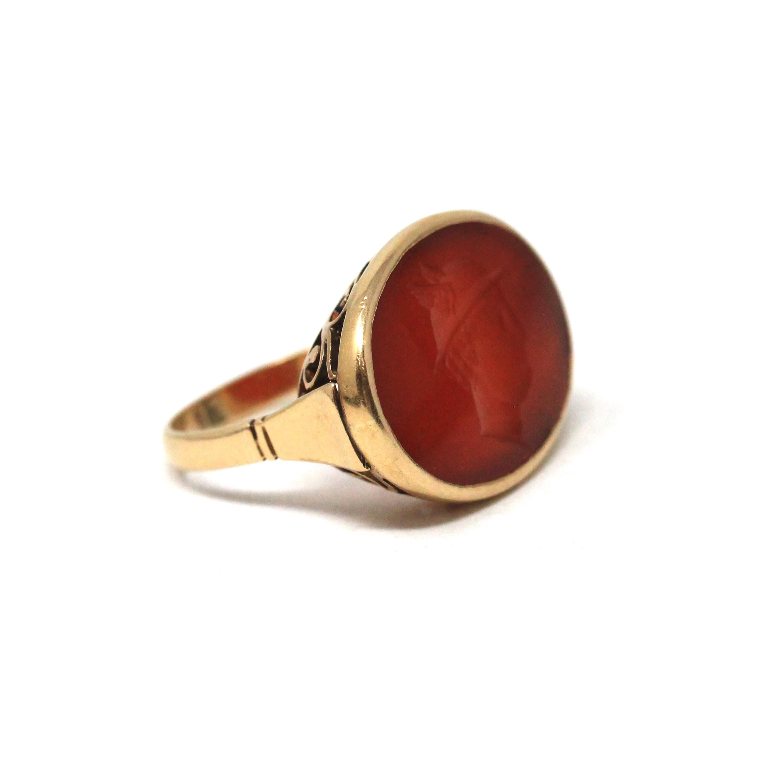 Edwardian Intaglio Ring - Antique 18k Yellow Gold Red Carnelian Carved Engraved Gemstone - Circa 1900s Era Size 6 Unisex Signet Fine Jewelry