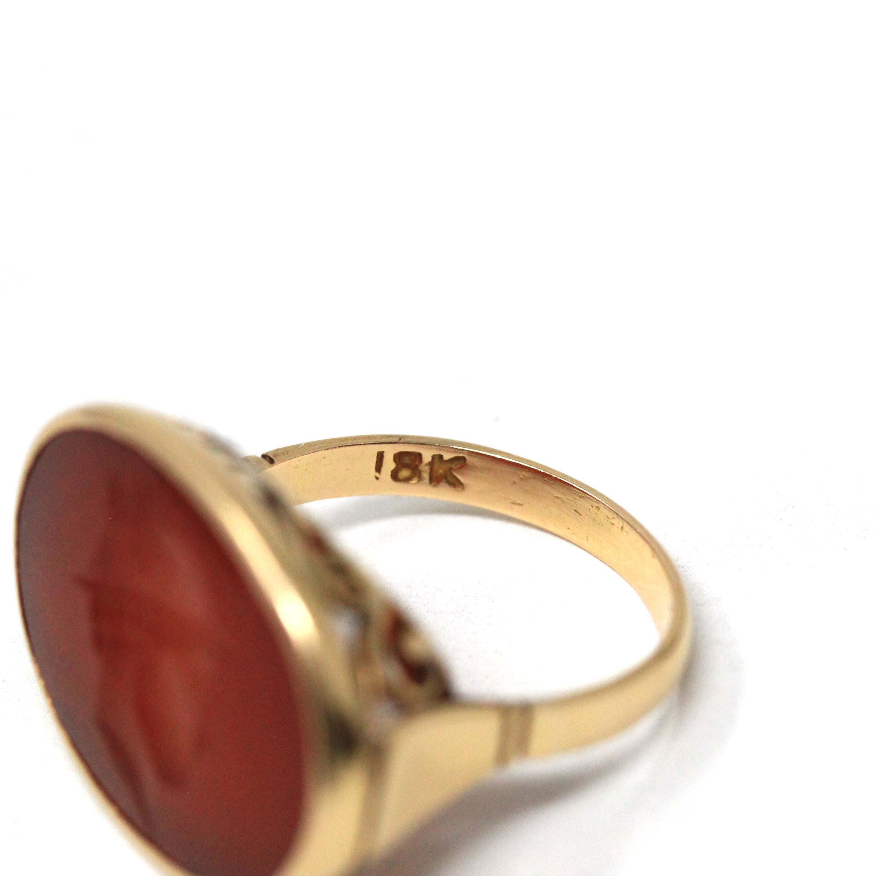 Edwardian Intaglio Ring - Antique 18k Yellow Gold Red Carnelian Carved Engraved Gemstone - Circa 1900s Era Size 6 Unisex Signet Fine Jewelry