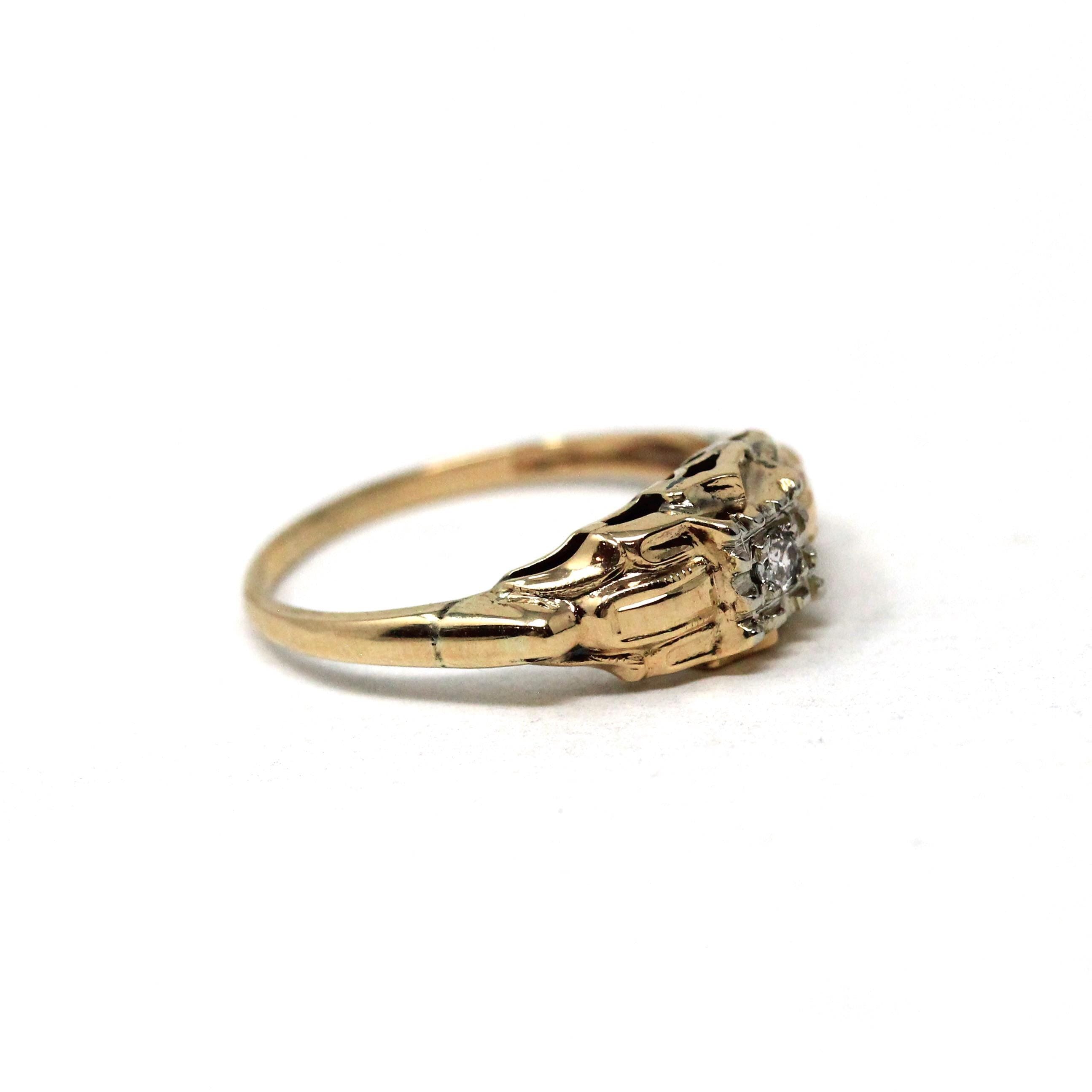 Vintage Diamond Ring - Mid Century 14k Yellow Gold Illusion Head .03 CT Setting - Circa 1940s Era Size 5.25 Fine Two Tone Engagement Jewelry