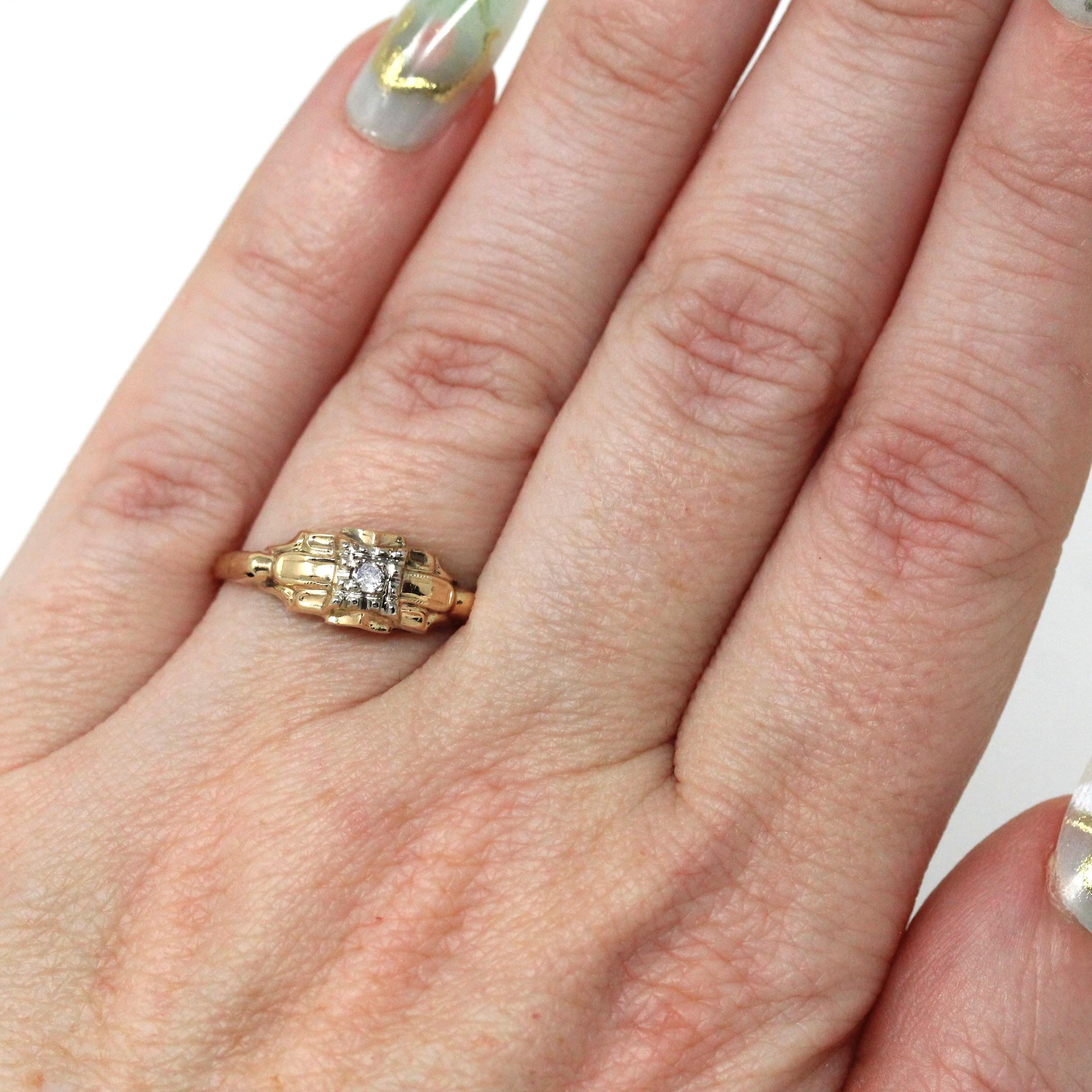 Vintage Diamond Ring - Mid Century 14k Yellow Gold Illusion Head .03 CT Setting - Circa 1940s Era Size 5.25 Fine Two Tone Engagement Jewelry