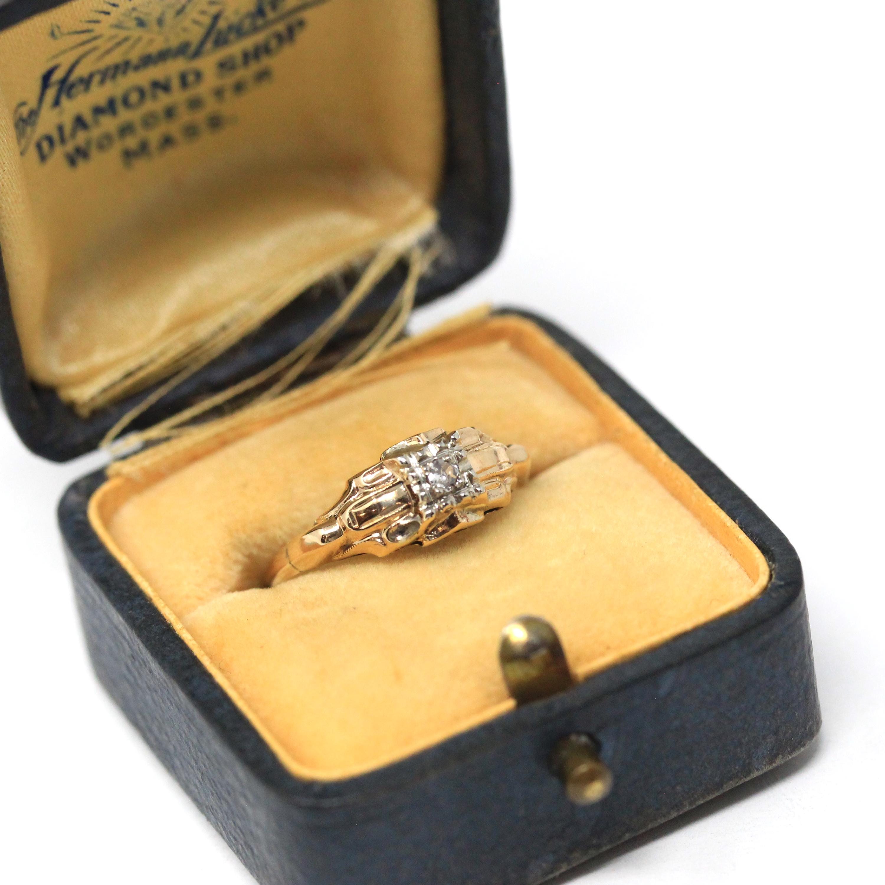 Vintage Diamond Ring - Mid Century 14k Yellow Gold Illusion Head .03 CT Setting - Circa 1940s Era Size 5.25 Fine Two Tone Engagement Jewelry