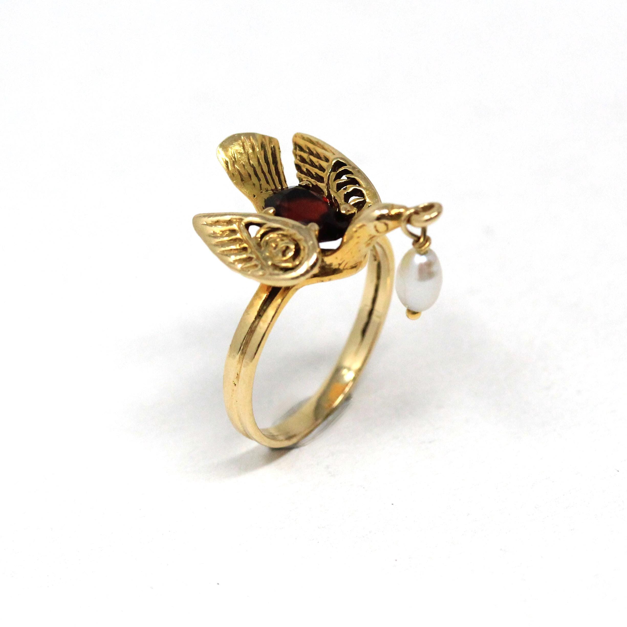 Estate Bird Ring - Vintage 14k Yellow Gold Dark Red Garnet And Dangling Cultured Pearl - Modern Era Size 6 1/4 Unique Fine Statement Jewelry