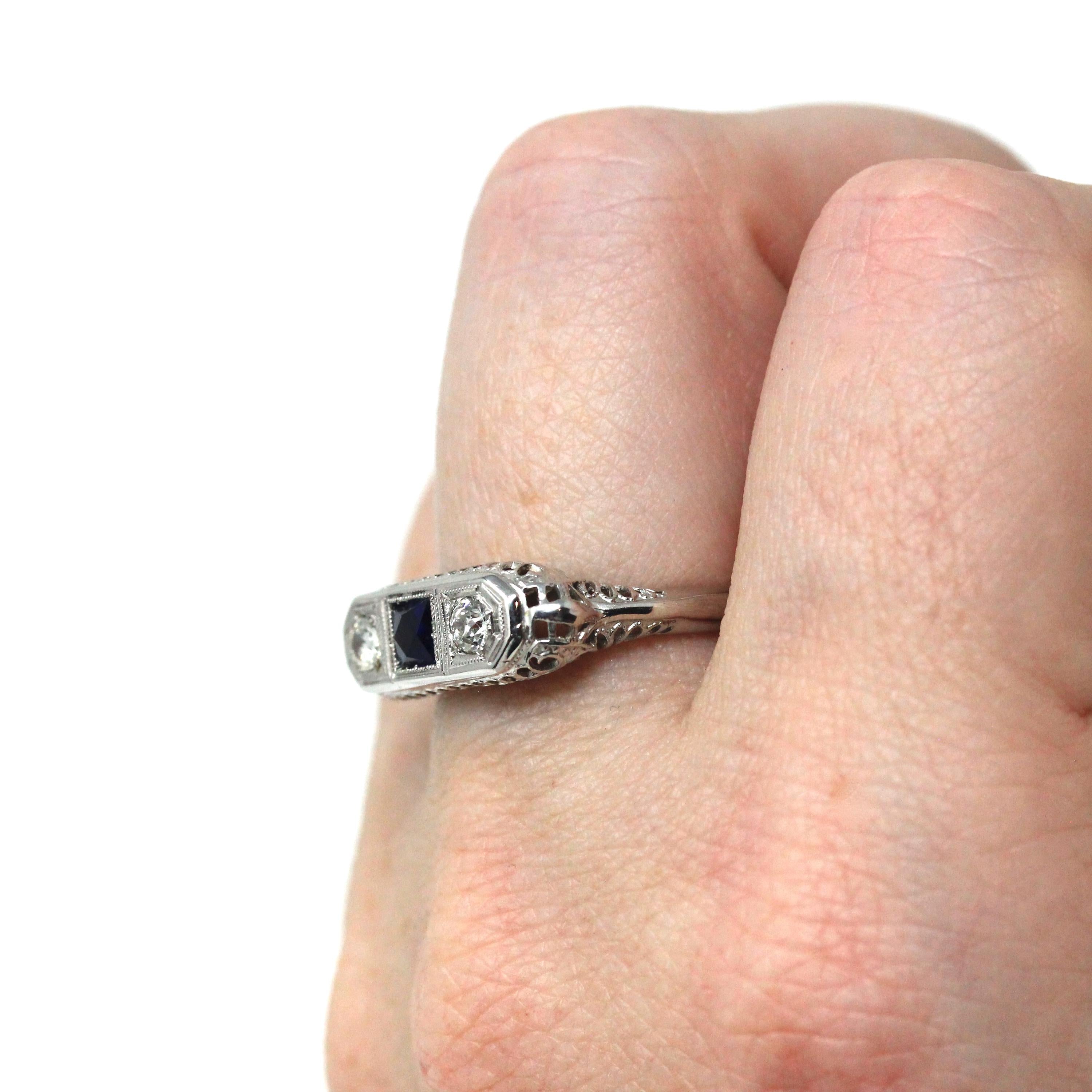 Art Deco Wedding Ring - Vintage 14k White Gold Natural Diamond Created Blue Sapphire Band - Circa 1930s Era Size 5 3/4 Filigree Fine Jewelry