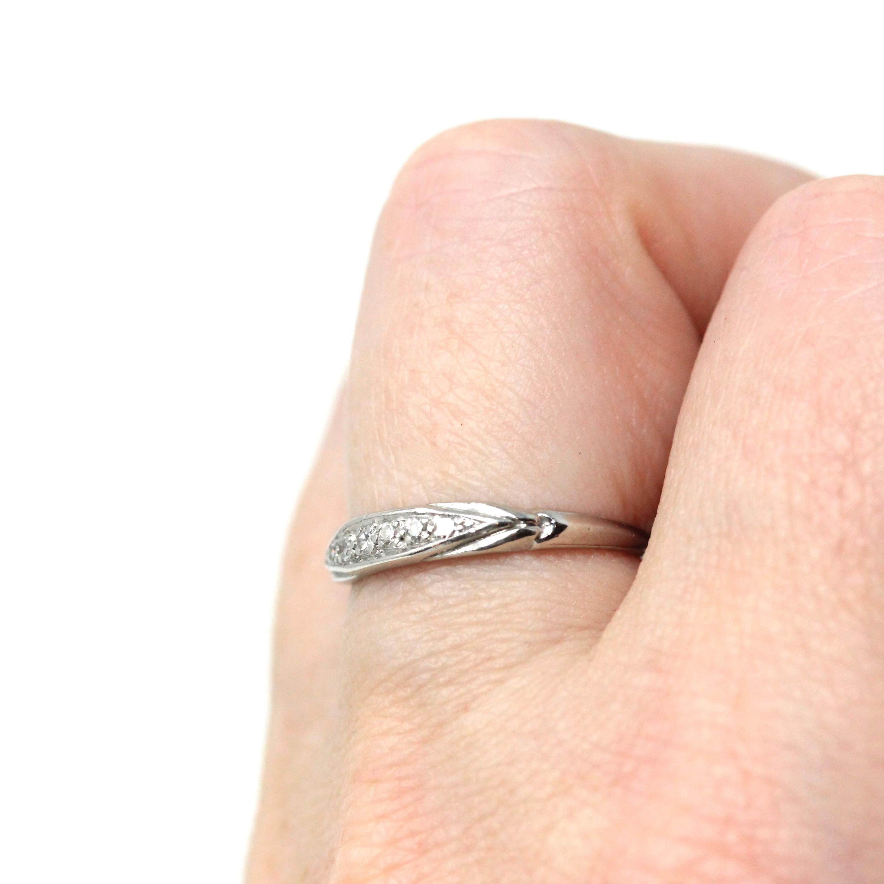 Vintage Wedding Band - Mid Century Platinum Natural Diamond Gemstone Bridal Ring - Dated Valentines Day 1942 Size 5.25 Fine Stacking Jewelry