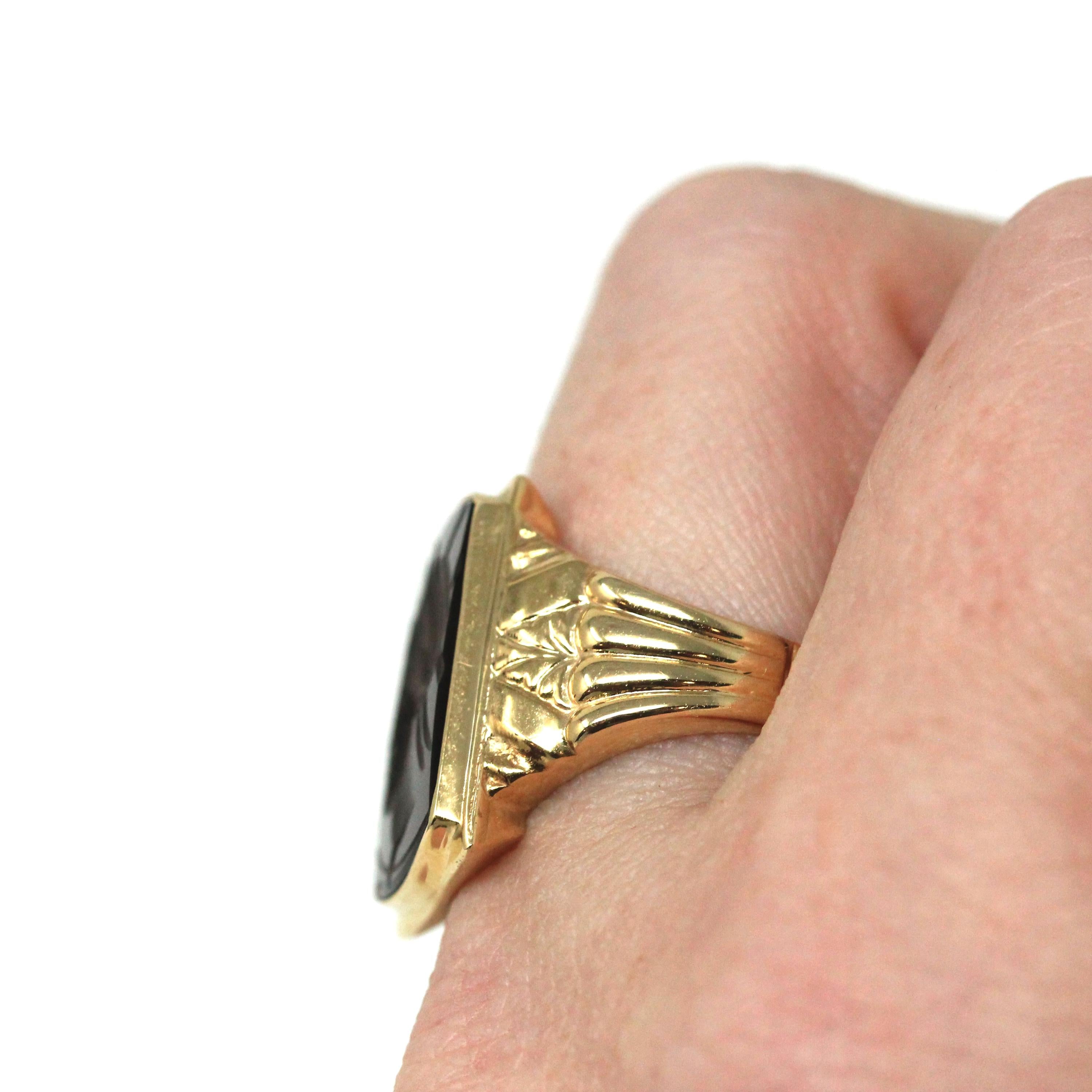 Chalcedony Intaglio Ring - Vintage 10k Yellow Gold Carved Brown Gemstone Warrior - Circa 1950s Era Size 8 3/4 Unisex Fine Statement Jewelry