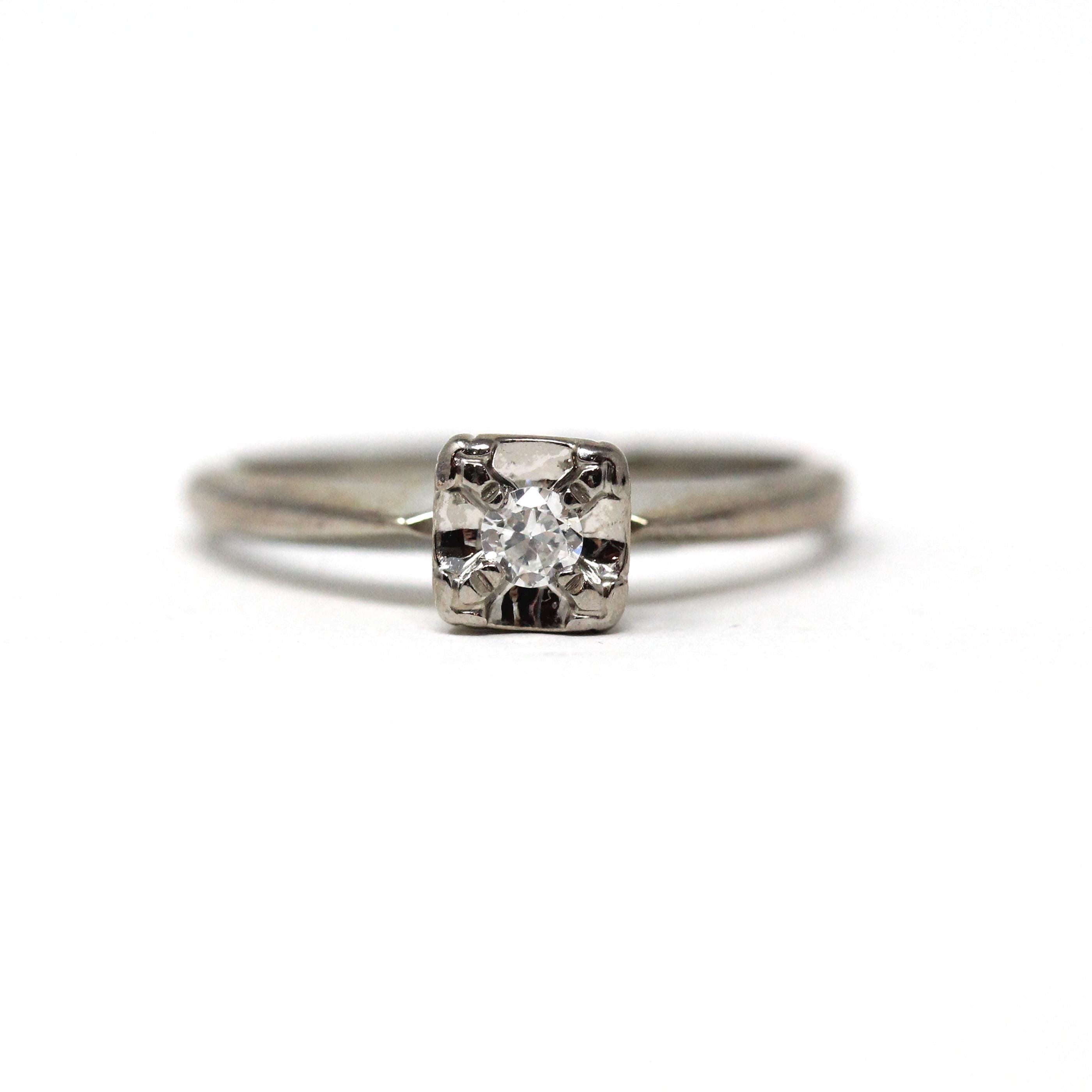 Illusion Diamond Ring - Mid Century 18k White Gold Engagement Natural Gemstone Solitaire - Vintage 1950s Era Size 4 1/2 Fine Bridal Jewelry