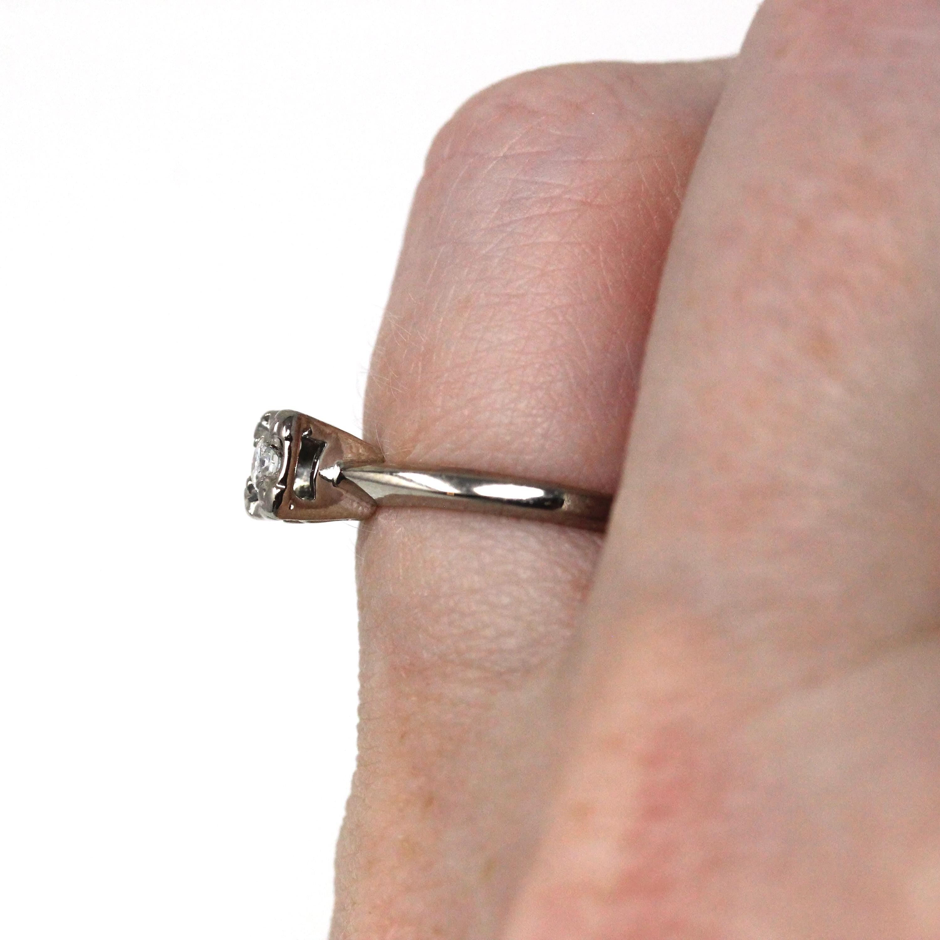 Illusion Diamond Ring - Mid Century 18k White Gold Engagement Natural Gemstone Solitaire - Vintage 1950s Era Size 4 1/2 Fine Bridal Jewelry