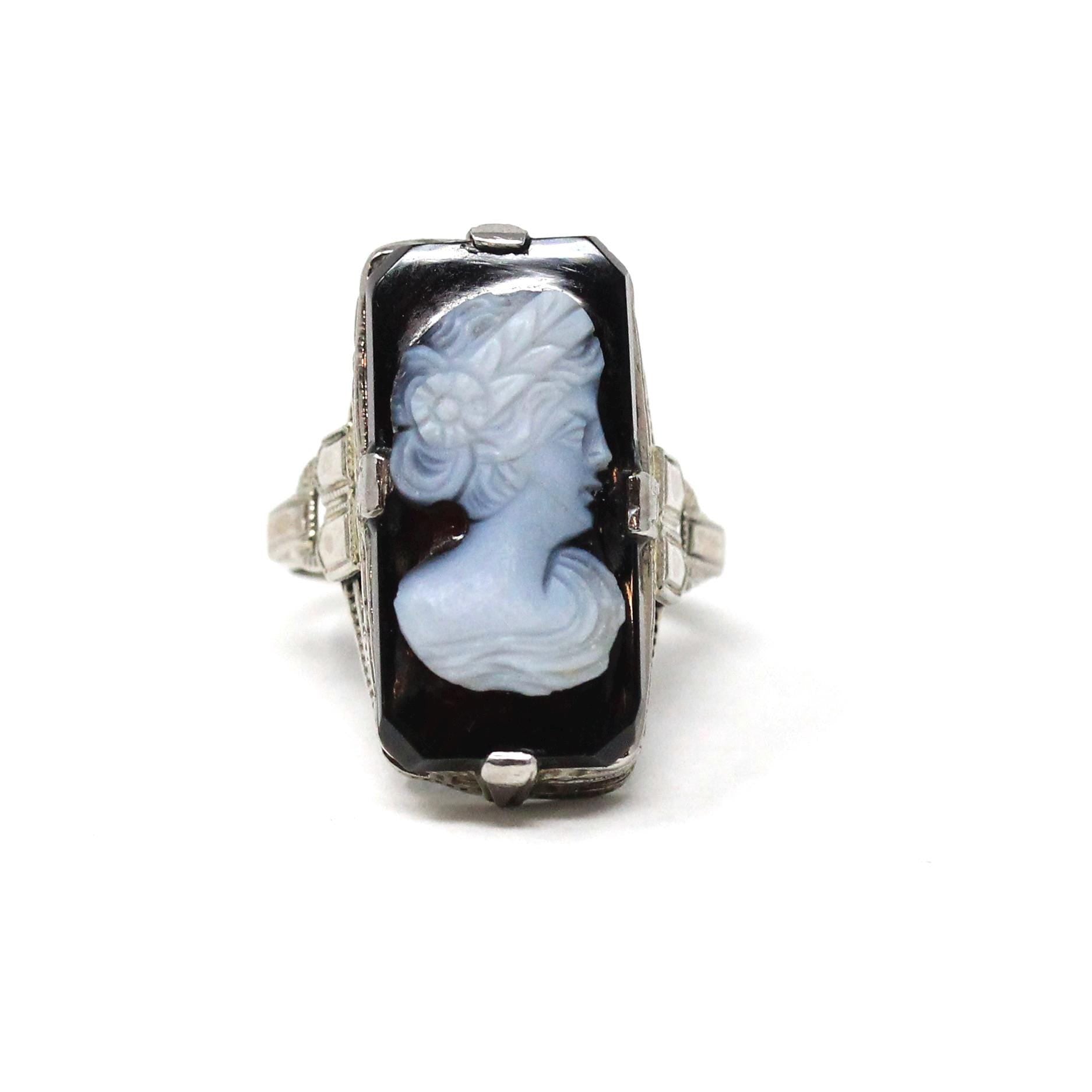 Vintage Cameo Ring - Art Deco 14k White Gold Genuine Carved Black & White Onyx Gemstone - Circa 1930s Era Statement Woman's Profile Jewelry