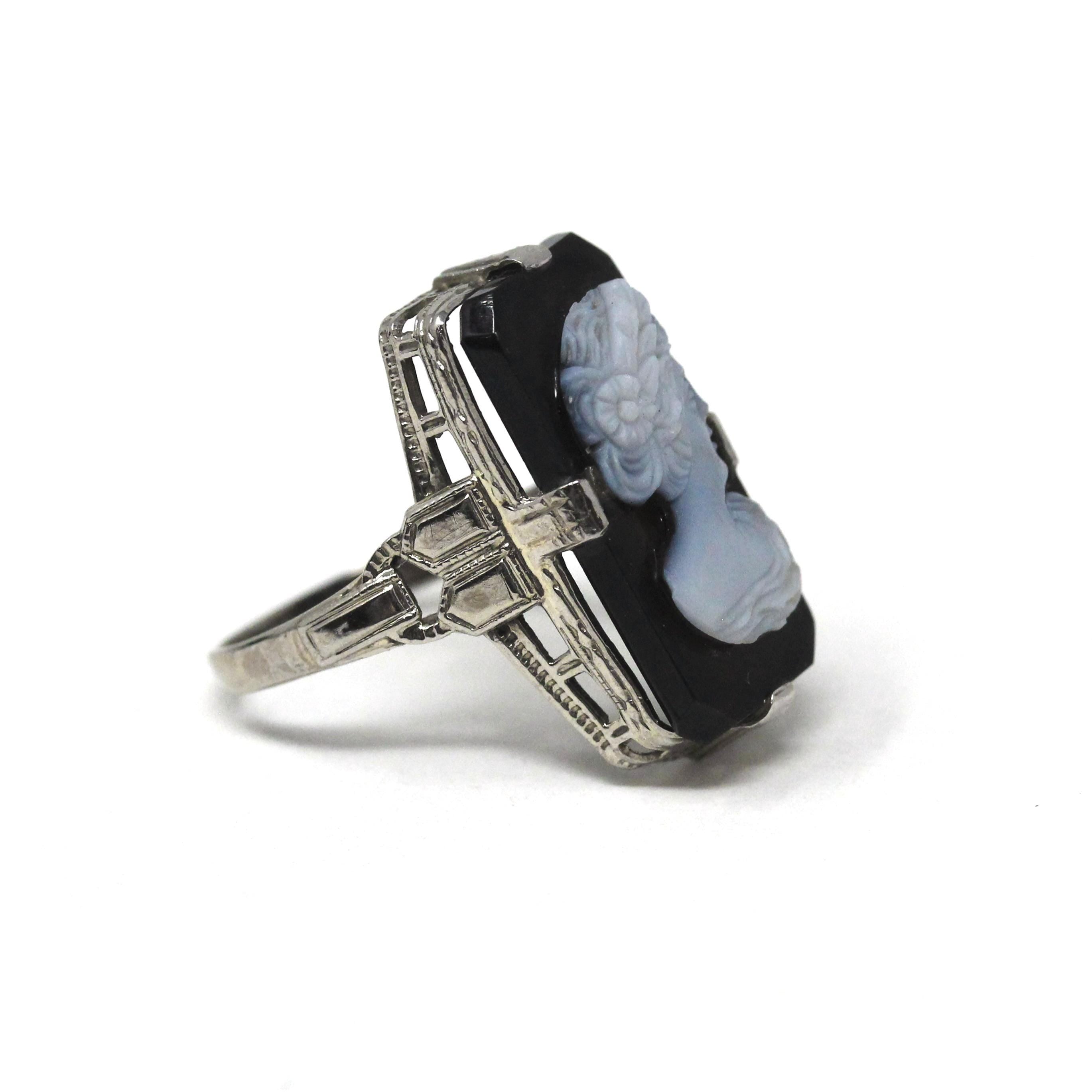 Vintage Cameo Ring - Art Deco 14k White Gold Genuine Carved Black & White Onyx Gemstone - Circa 1930s Era Statement Woman's Profile Jewelry