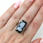 Vintage Cameo Ring - Art Deco 14k White Gold Genuine Carved Black & White Onyx Gemstone - Circa 1930s Era Statement Woman's Profile Jewelry