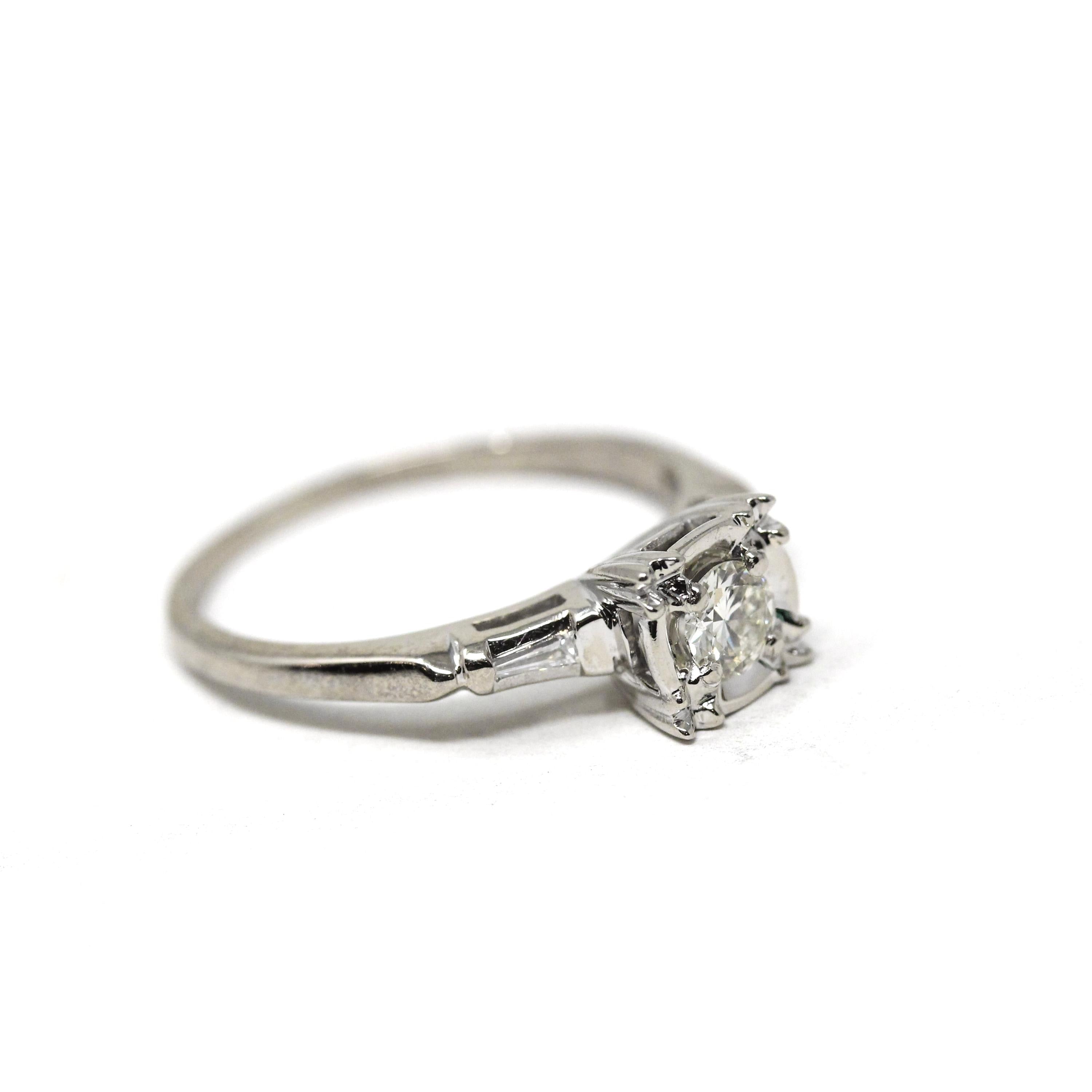 Mid Century Engagement Ring - Vintage 14k White Gold Natural Diamond Illusion Head Solitaire - Circa 1950s Era Tapered Baguette Fine Jewelry