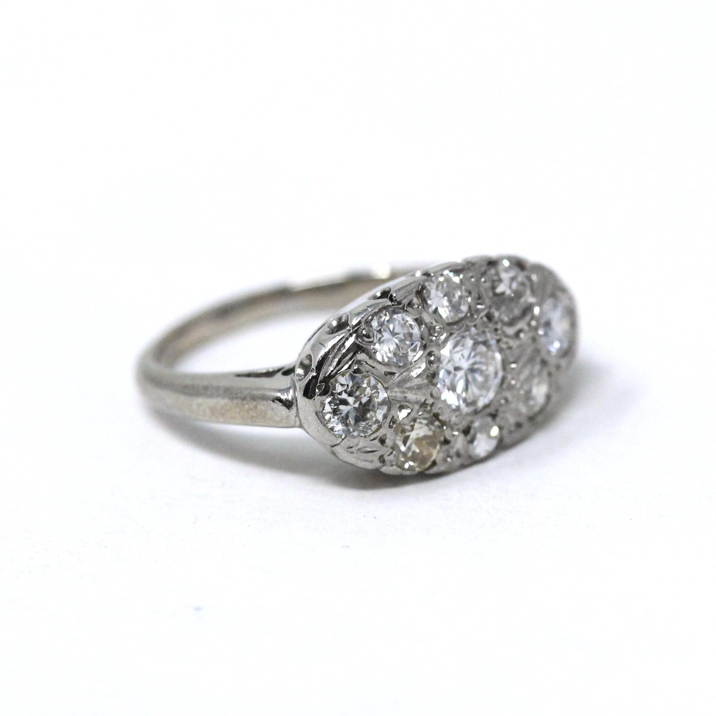 Mid Century Diamond Cluster Ring - 14k White Gold East West Princess Anniversary Statement - Vintage 1940s Cocktail Natural Gem Fine Jewelry