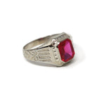 Ostby & Barton Ring - Art Deco 10k White Gold Created Red Ruby Men's Unisex Statement - Circa 1930s Size 7 1/2 July Birthstone Fine Jewelry