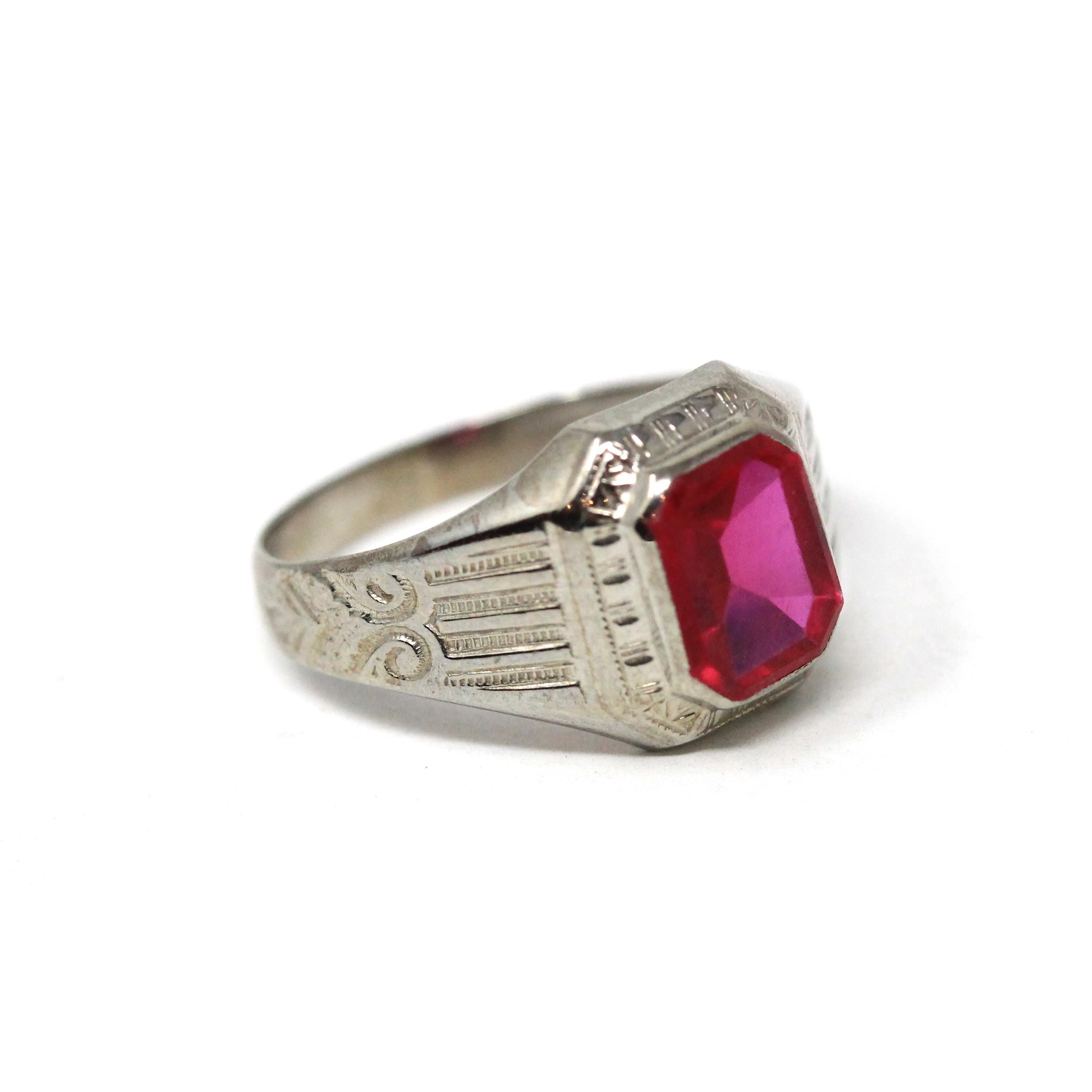 Ostby & Barton Ring - Art Deco 10k White Gold Created Red Ruby Men's Unisex Statement - Circa 1930s Size 7 1/2 July Birthstone Fine Jewelry