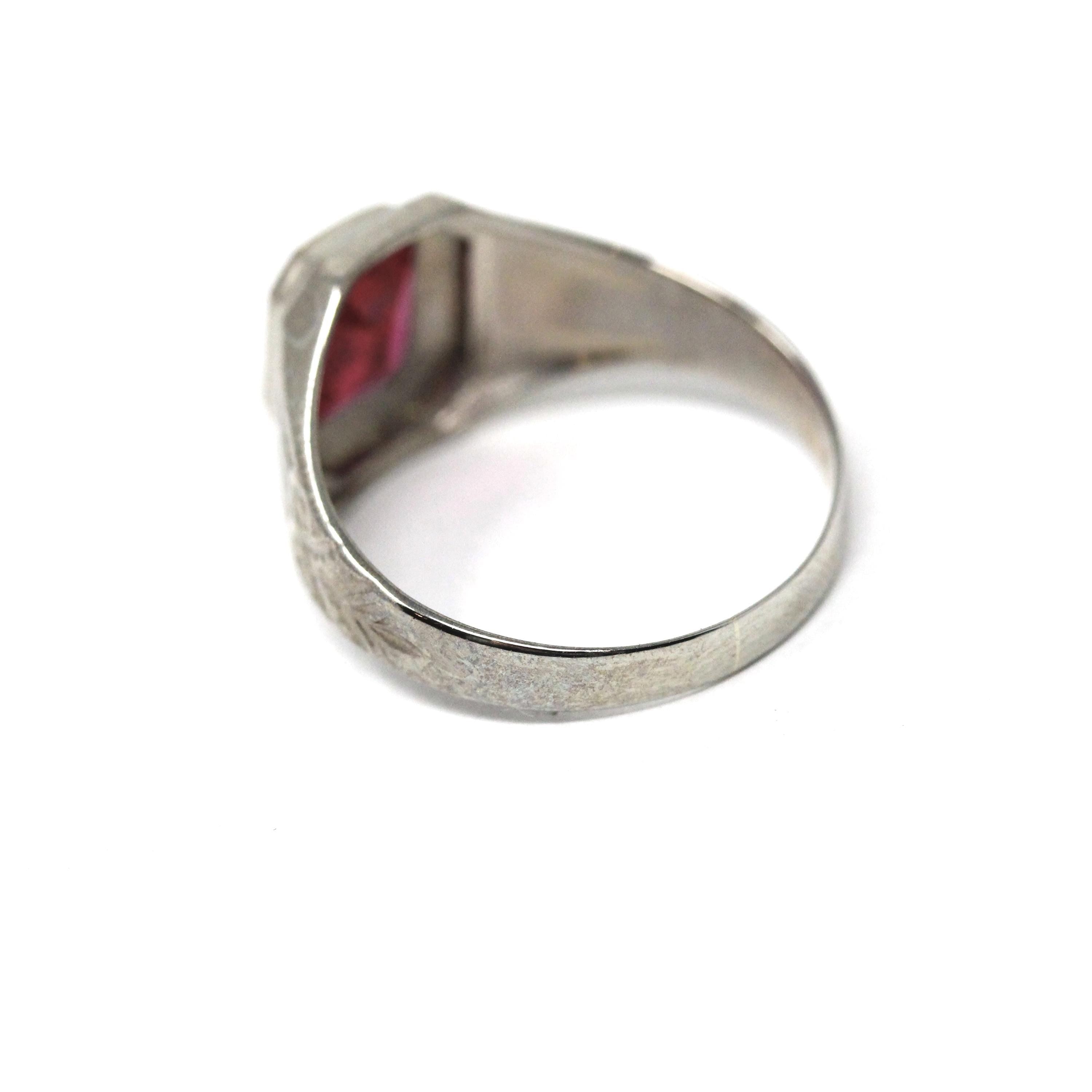 Ostby & Barton Ring - Art Deco 10k White Gold Created Red Ruby