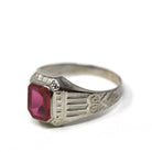 Ostby & Barton Ring - Art Deco 10k White Gold Created Red Ruby Men's Unisex Statement - Circa 1930s Size 7 1/2 July Birthstone Fine Jewelry