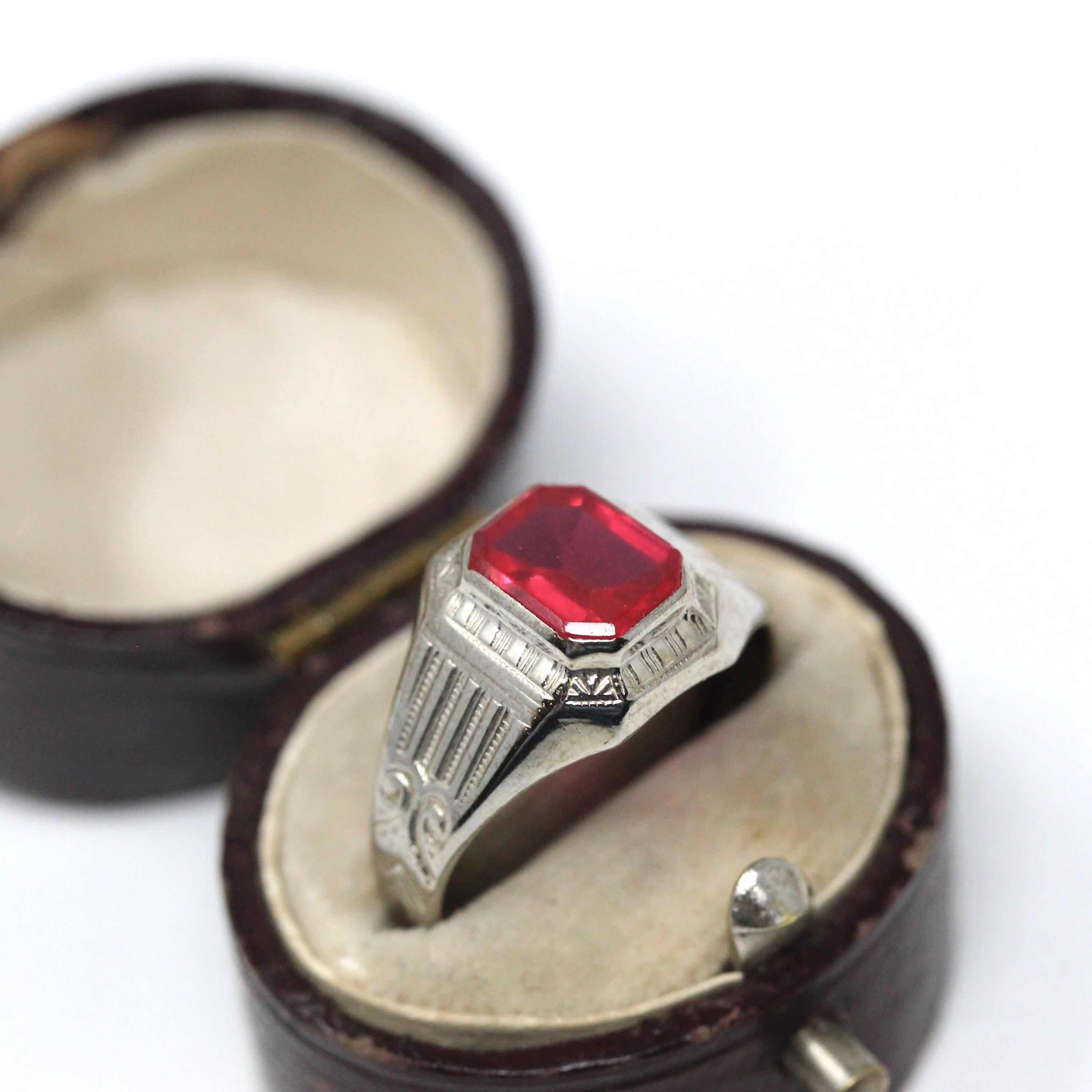 Ostby & Barton Ring - Art Deco 10k White Gold Created Red Ruby