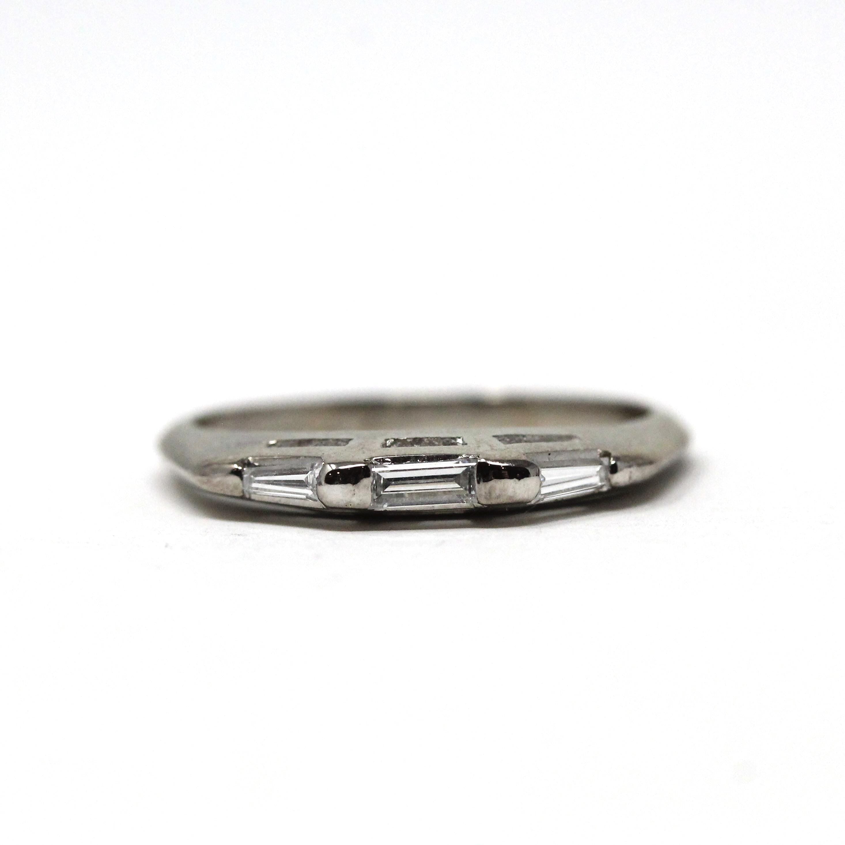 Diamond Wedding Band - Mid Century Era 14k White Gold Natural Baguette Gemstone Ring - Circa 1960s Size 4 3/4 Fine Bridal Stacking Jewelry