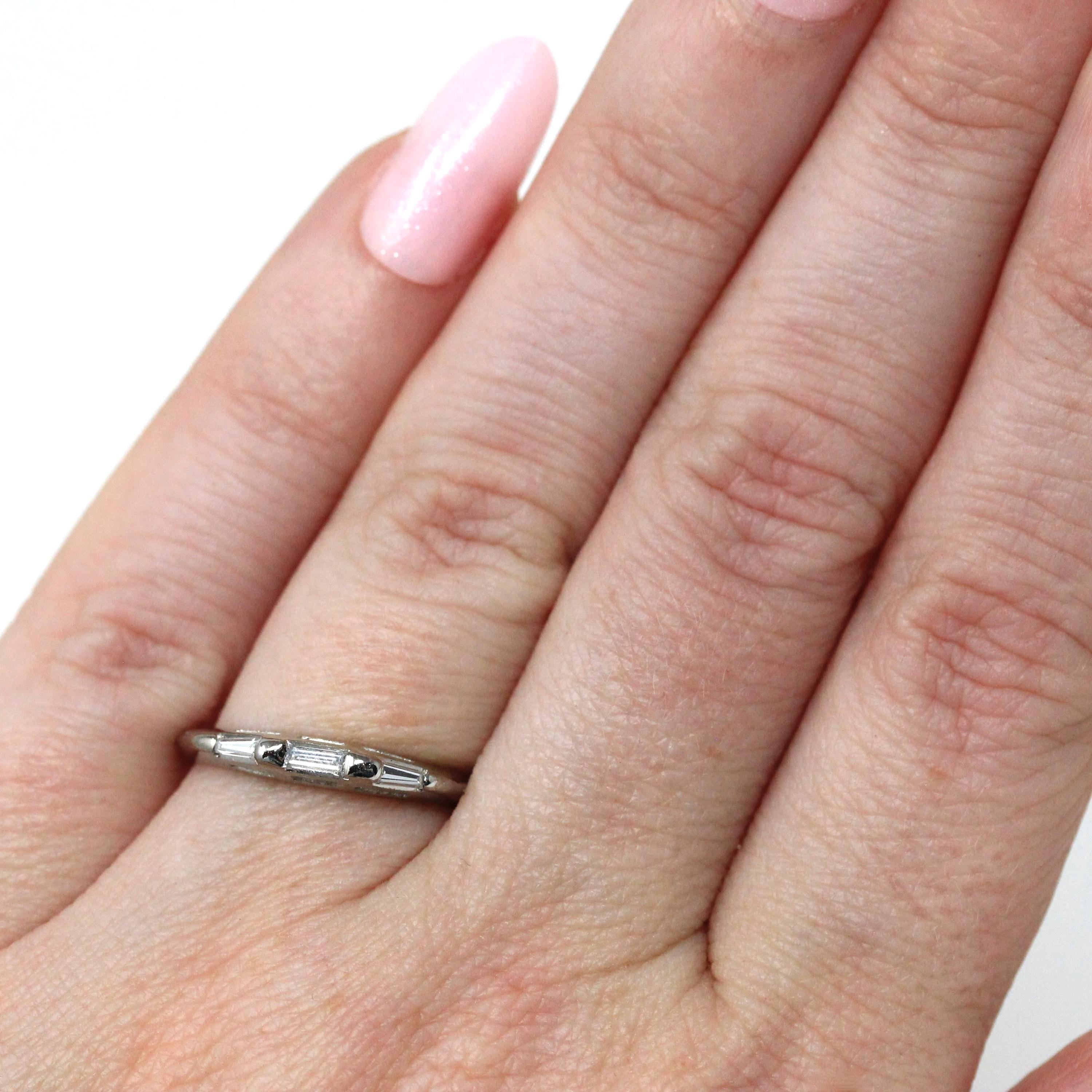 Diamond Wedding Band - Mid Century Era 14k White Gold Natural Baguette Gemstone Ring - Circa 1960s Size 4 3/4 Fine Bridal Stacking Jewelry