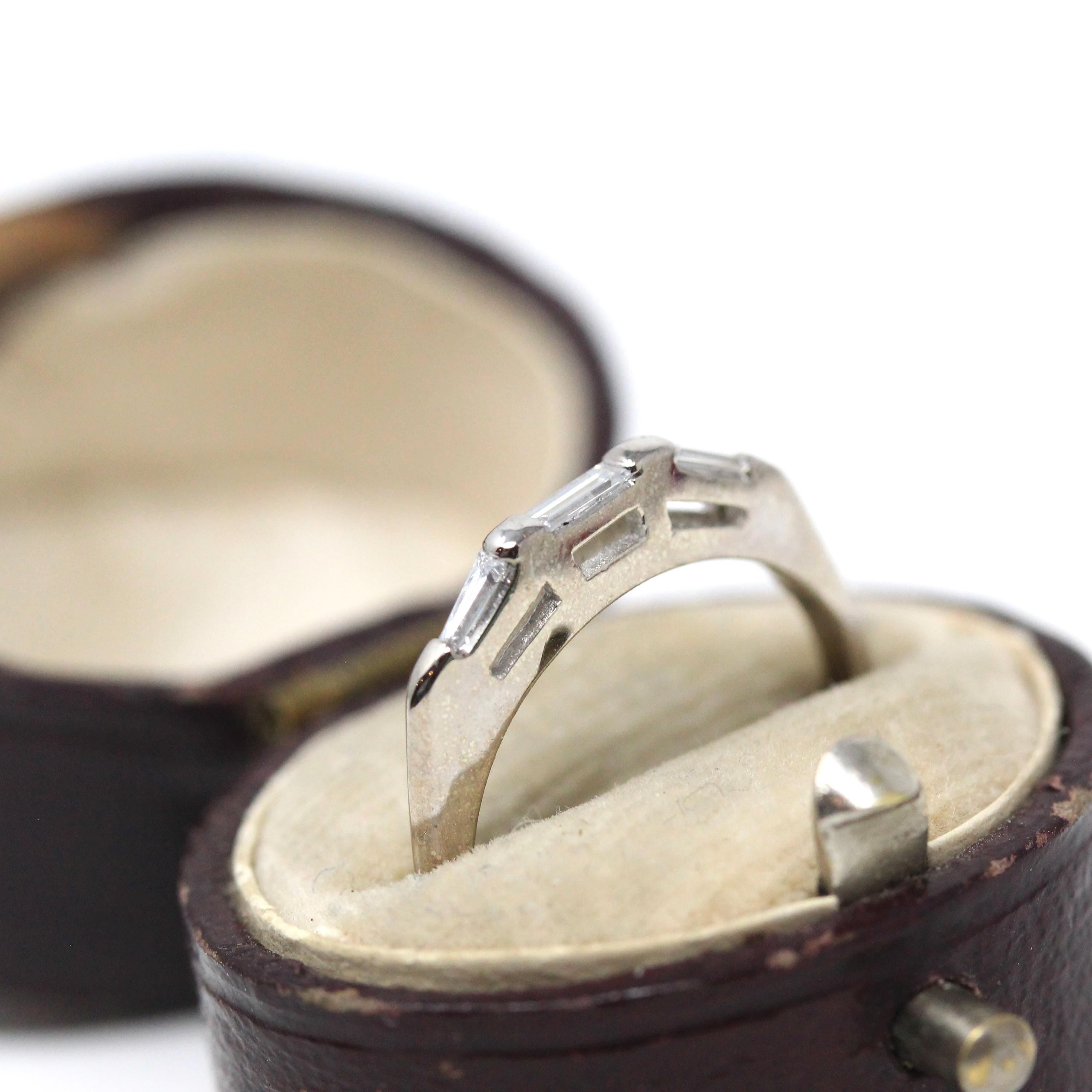 Diamond Wedding Band - Mid Century Era 14k White Gold Natural Baguette Gemstone Ring - Circa 1960s Size 4 3/4 Fine Bridal Stacking Jewelry