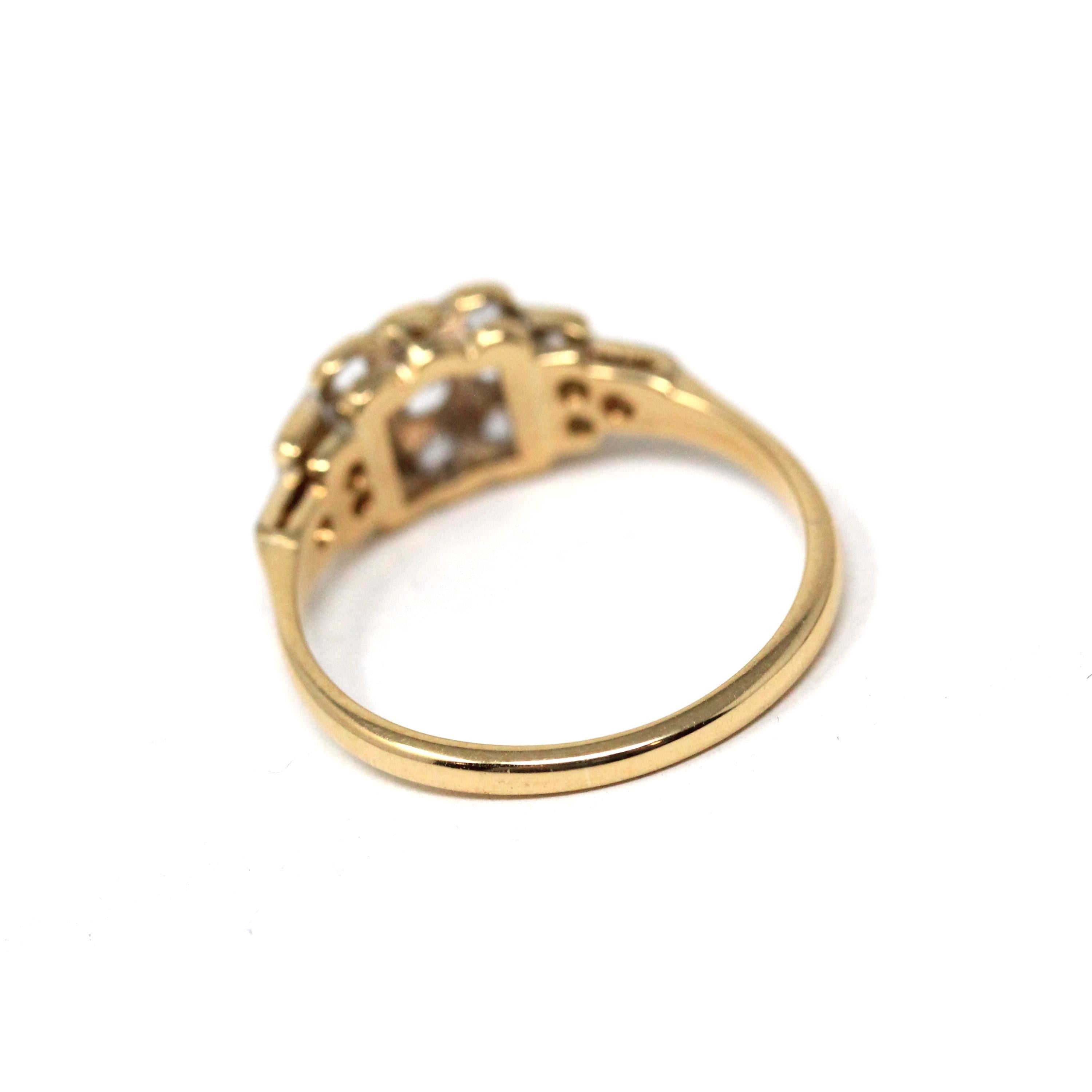 Vintage Cluster Ring - 18k Yellow Gold & Platinum Zircon, Sapphire, Created Spinel White Gemstones - Circa 1940s Era Size 5.5 Fine Jewelry