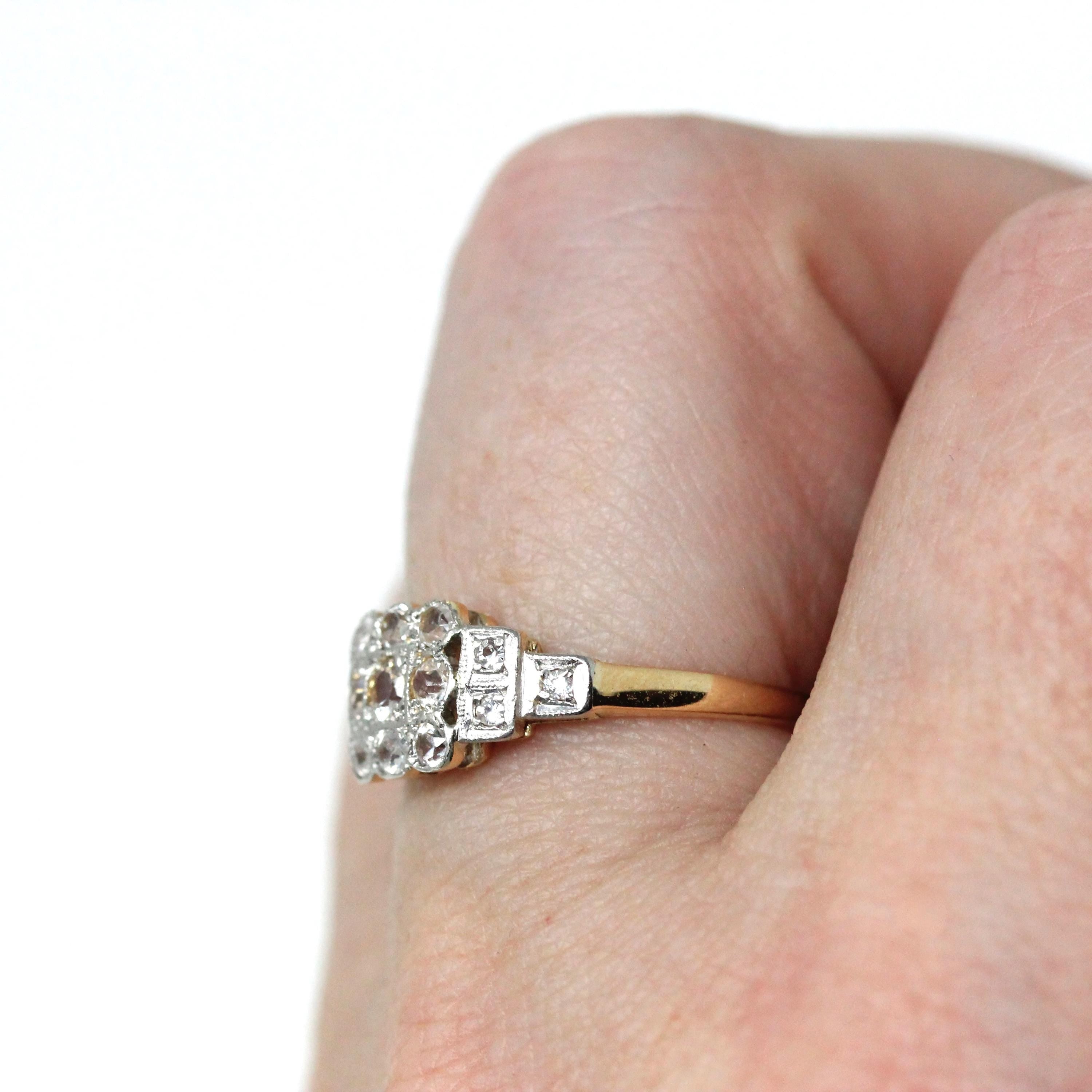 Vintage Cluster Ring - 18k Yellow Gold & Platinum Zircon, Sapphire, Created Spinel White Gemstones - Circa 1940s Era Size 5.5 Fine Jewelry