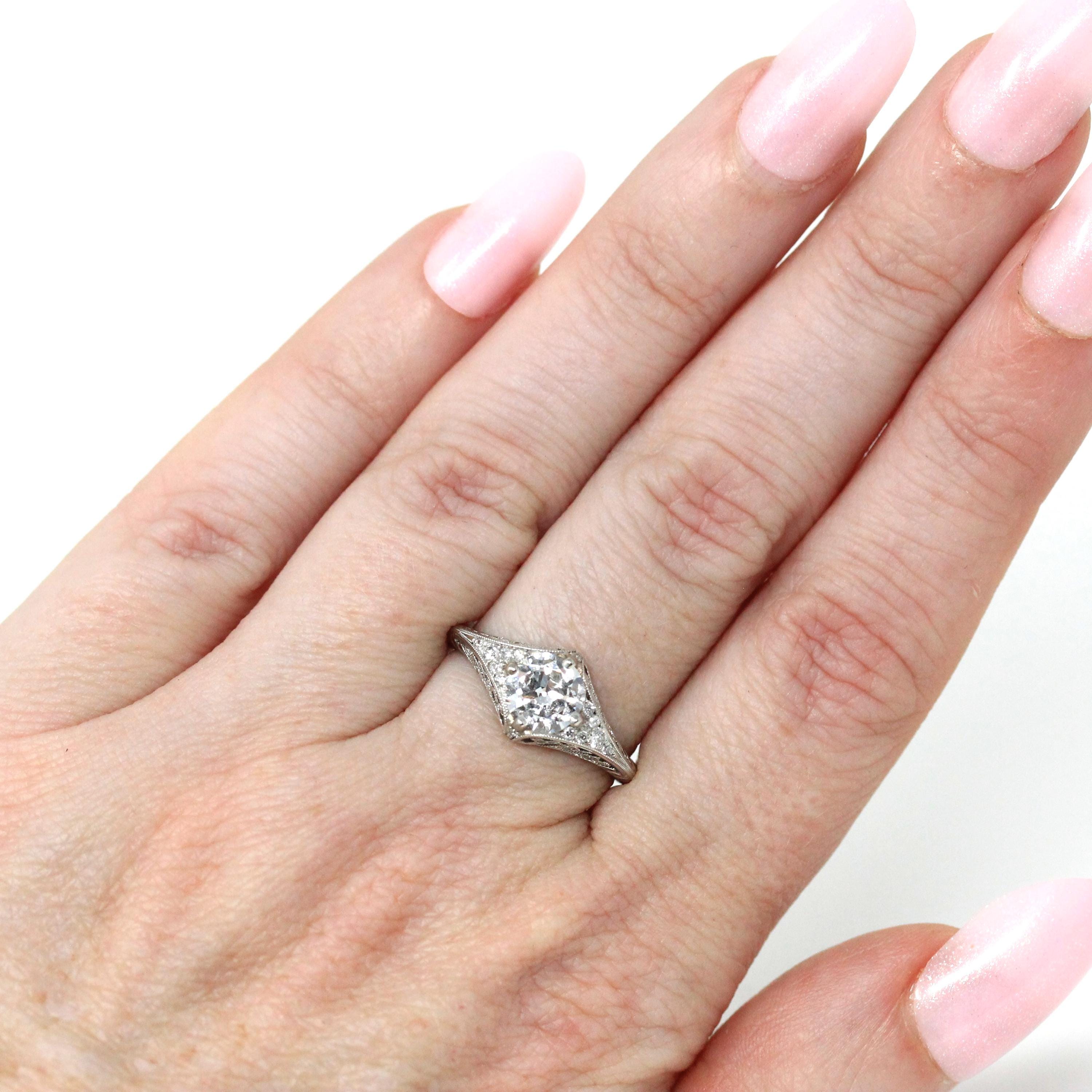 Diamond Engagement Ring - Art Deco Style Platinum .98 CTW Old European Cut Filigree Lacy Open Metal - Estate Size 5 3/4 Fine Modern Jewelry