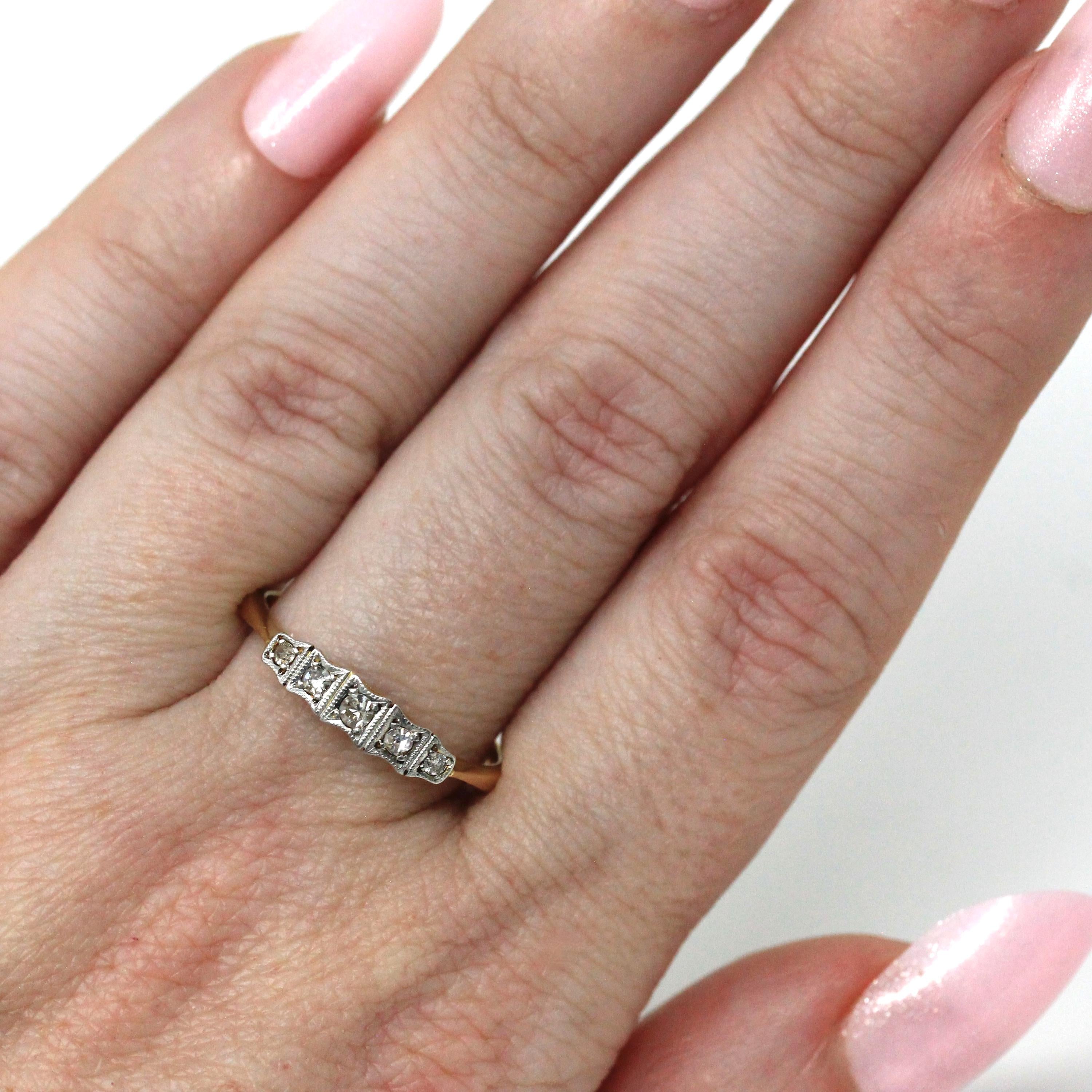 Diamond Wedding Band - Mid Century 18k Yellow Gold & Platinum Natural .13 CTW Gems - Circa 1940s Size 8 Fine Two Tone Bridal Band Jewelry