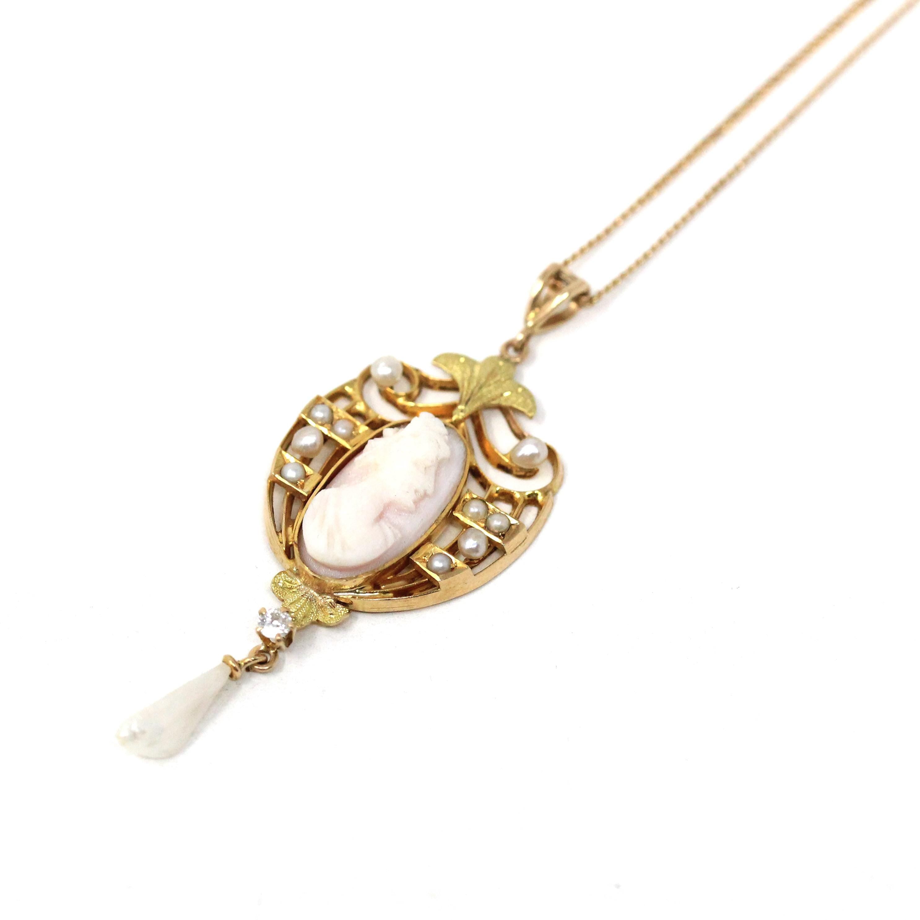Antique Cameo Lavalier - Edwardian 10k Yellow Gold Carved Pink Shell Seed Baroque Pearls Charm Pendant - Vintage 1910s Necklace Fine Jewelry