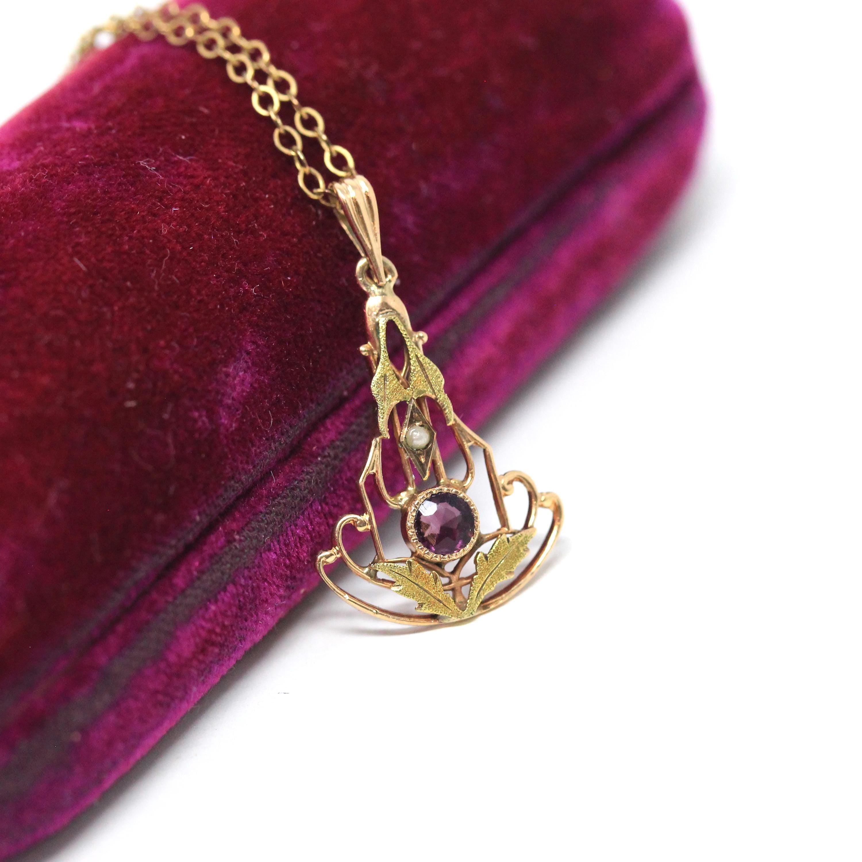 Antique Lavalier Necklace - Edwardian 10k Yellow Gold Purple Glass Pendant - Vintage 1910s Seed Pearl Charm Leaf Art Nouveau Fine Jewelry