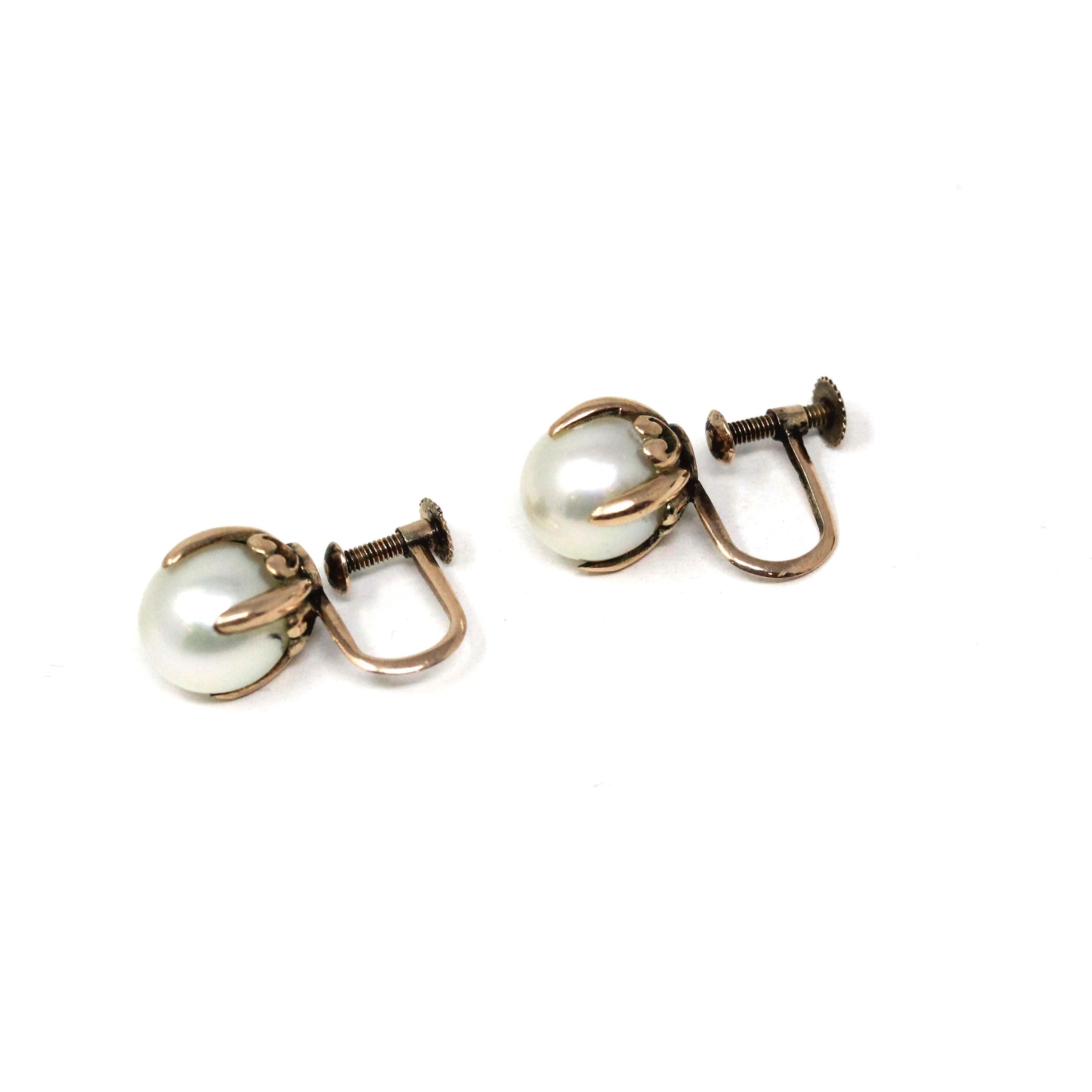 Vintage Cultured Pearl Earrings - Mid Century 10k Yellow Gold Round White Organic Gem Screw Backs - Circa 1940s Fine June Birthstone Jewelry