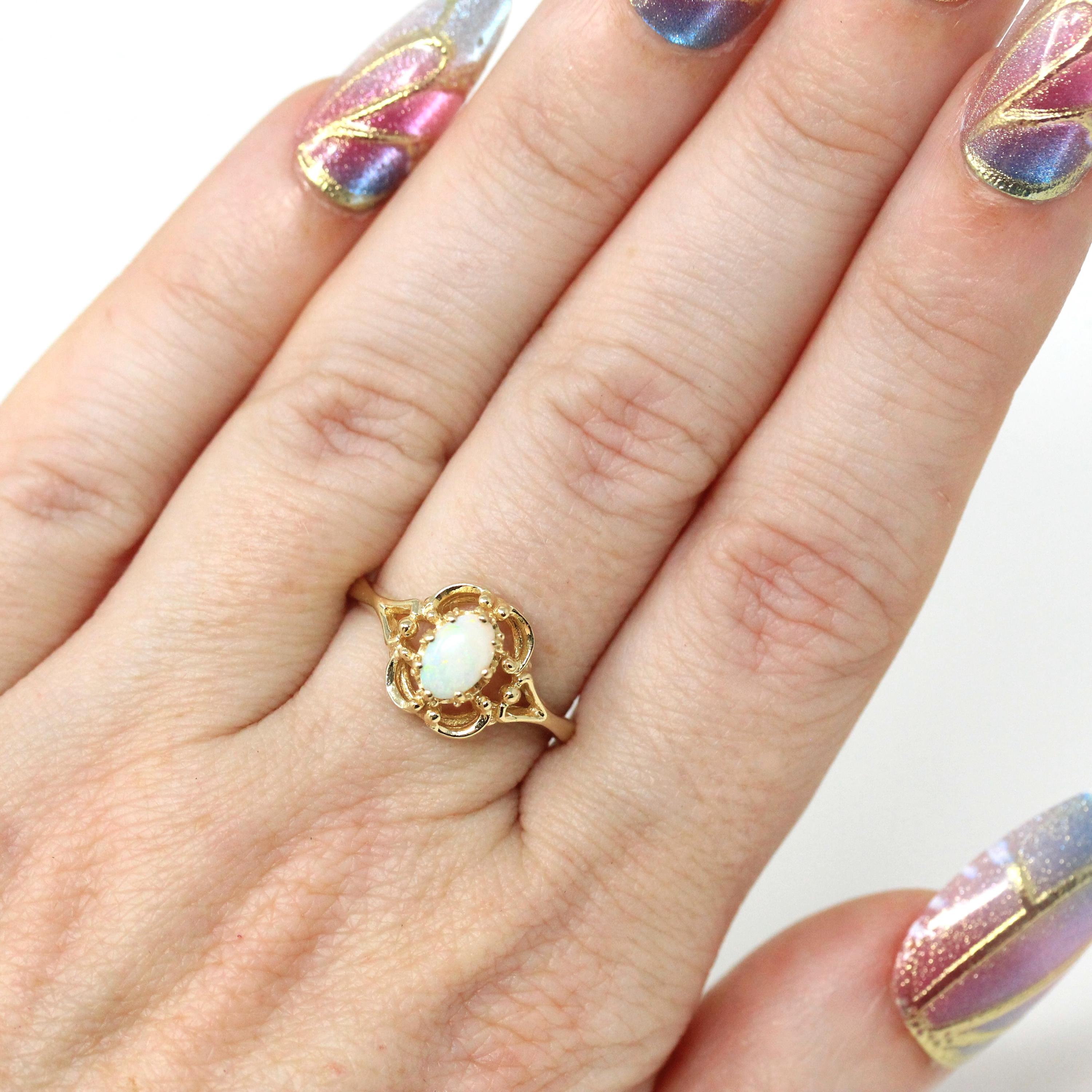 Vintage Opal Ring - Retro 10k Yellow Gold Oval Cabochon Natural Gemstone - Circa 1970s Era Size 6 October Birthstone Open Metal Fine Jewelry