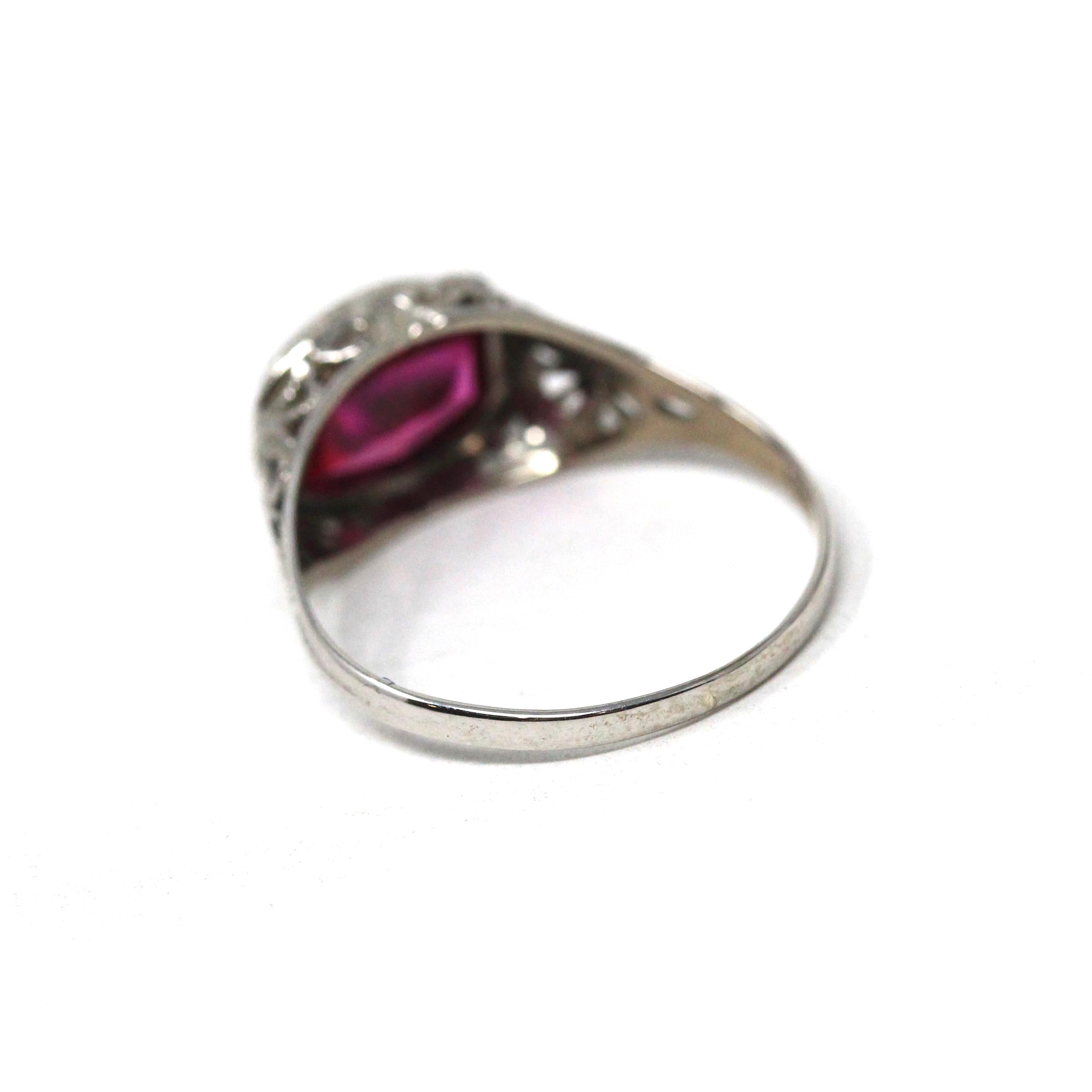 Art Deco Ring - Vintage 14k White Gold Filigree Created Red Ruby Filigree Statement - Circa 1930s Era Size 6 July Birthstone Fine Jewelry