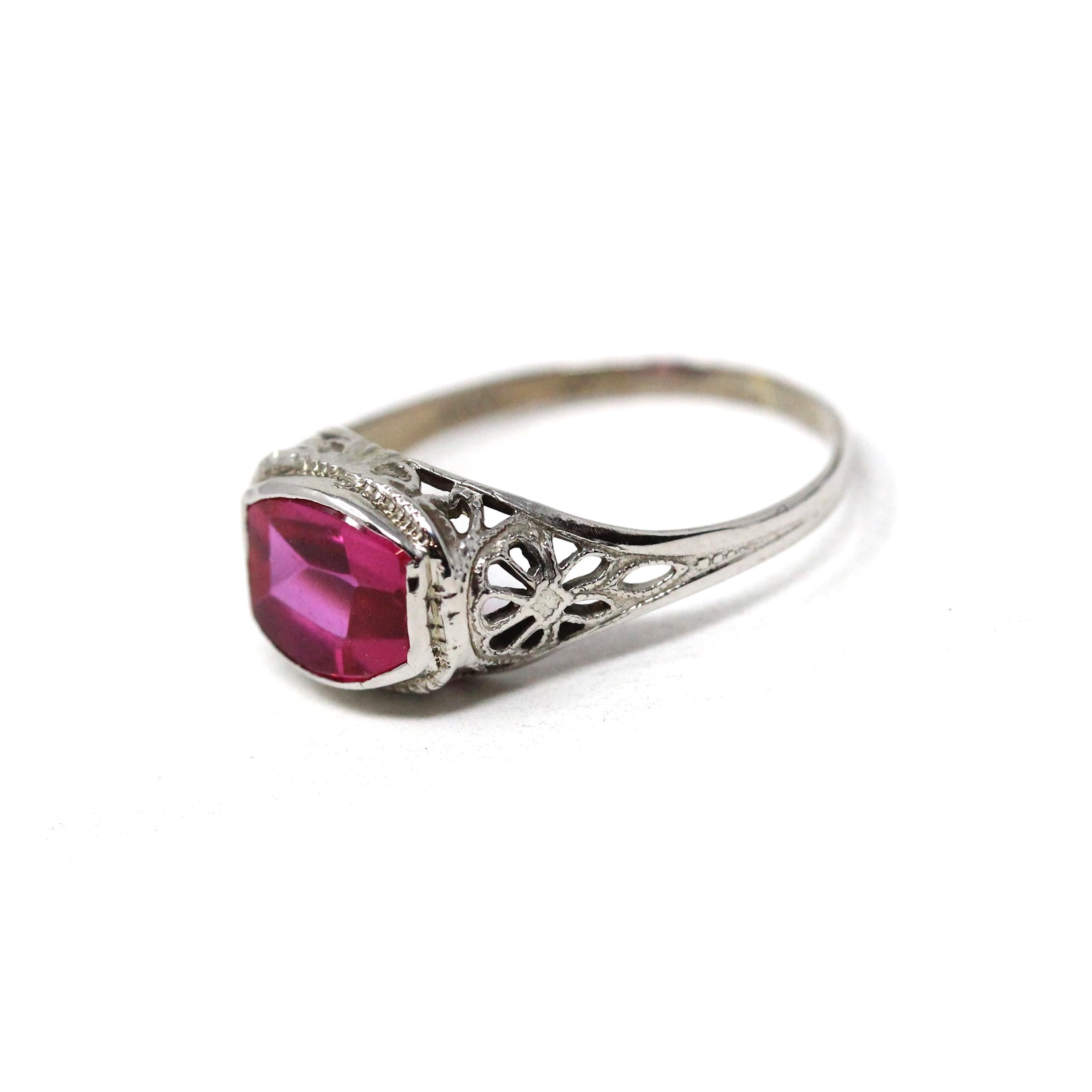 Art Deco Ring - Vintage 14k White Gold Filigree Created Red Ruby Filigree Statement - Circa 1930s Era Size 6 July Birthstone Fine Jewelry