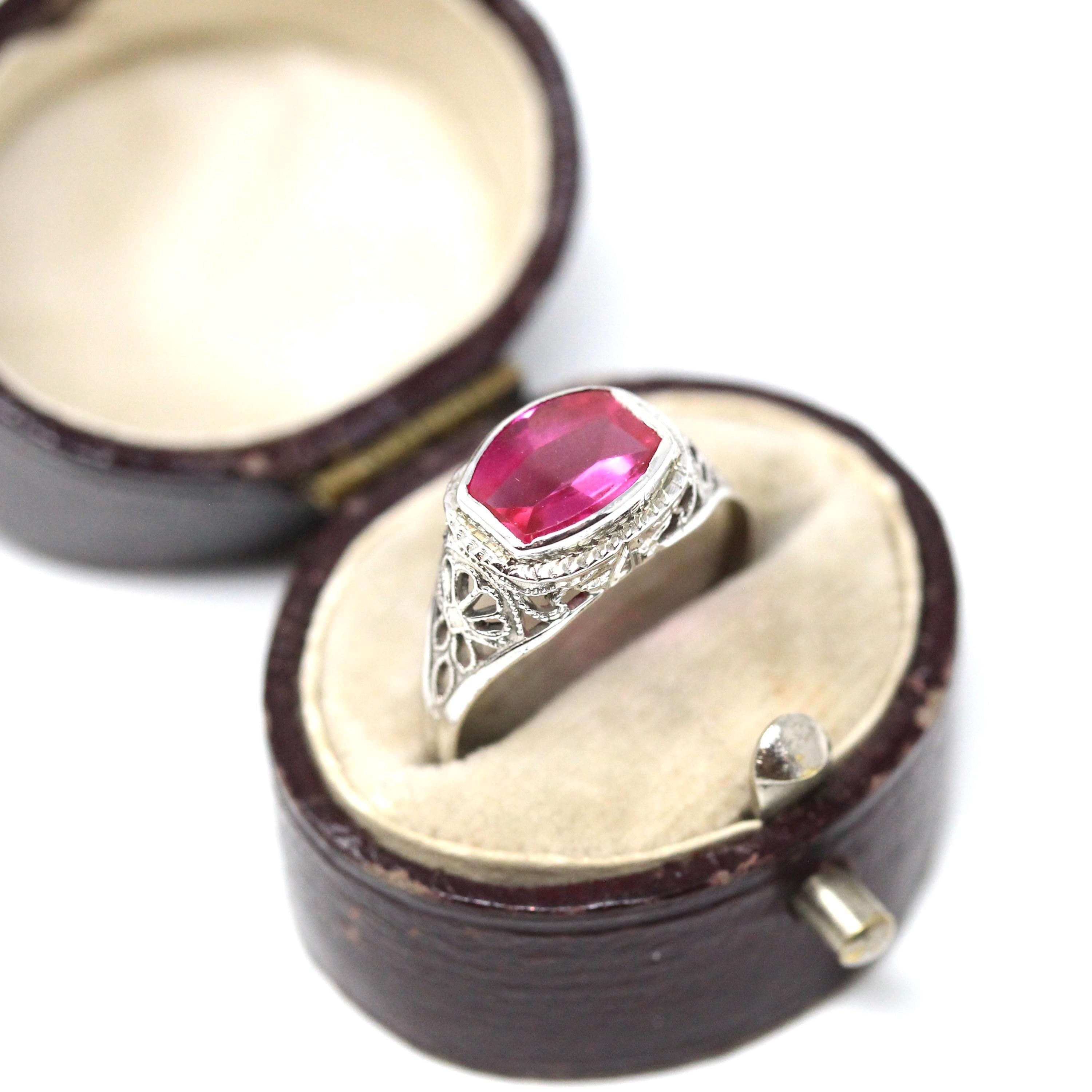 Art Deco Ring - Vintage 14k White Gold Filigree Created Red Ruby Filigree Statement - Circa 1930s Era Size 6 July Birthstone Fine Jewelry