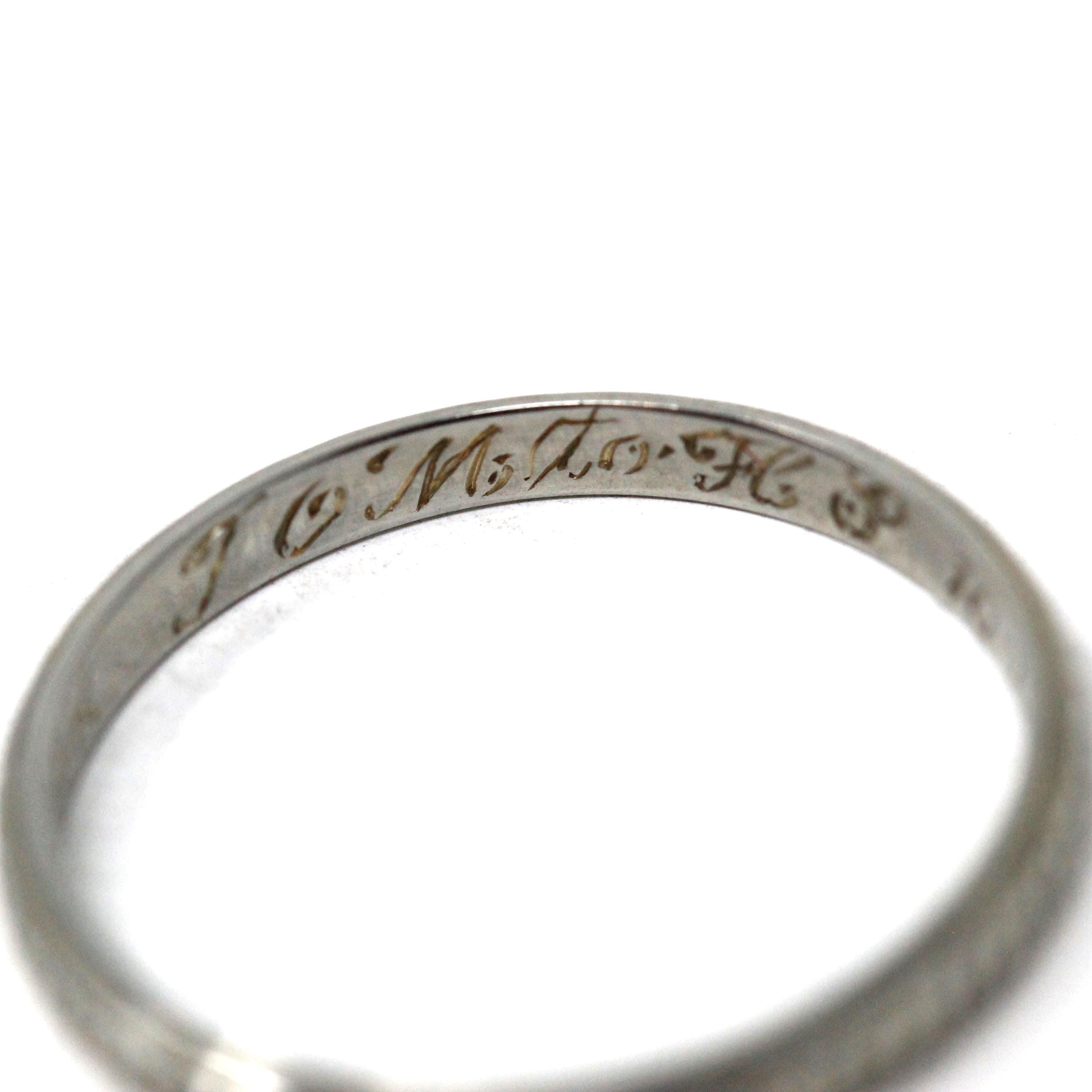 Antique Wedding Band - Art Deco 18k White Gold "T.O.M. to H.P. 10-15-27" Eternity Flower Ring - Vintage 1920s Size 7 1/4 Bridal Fine Jewelry