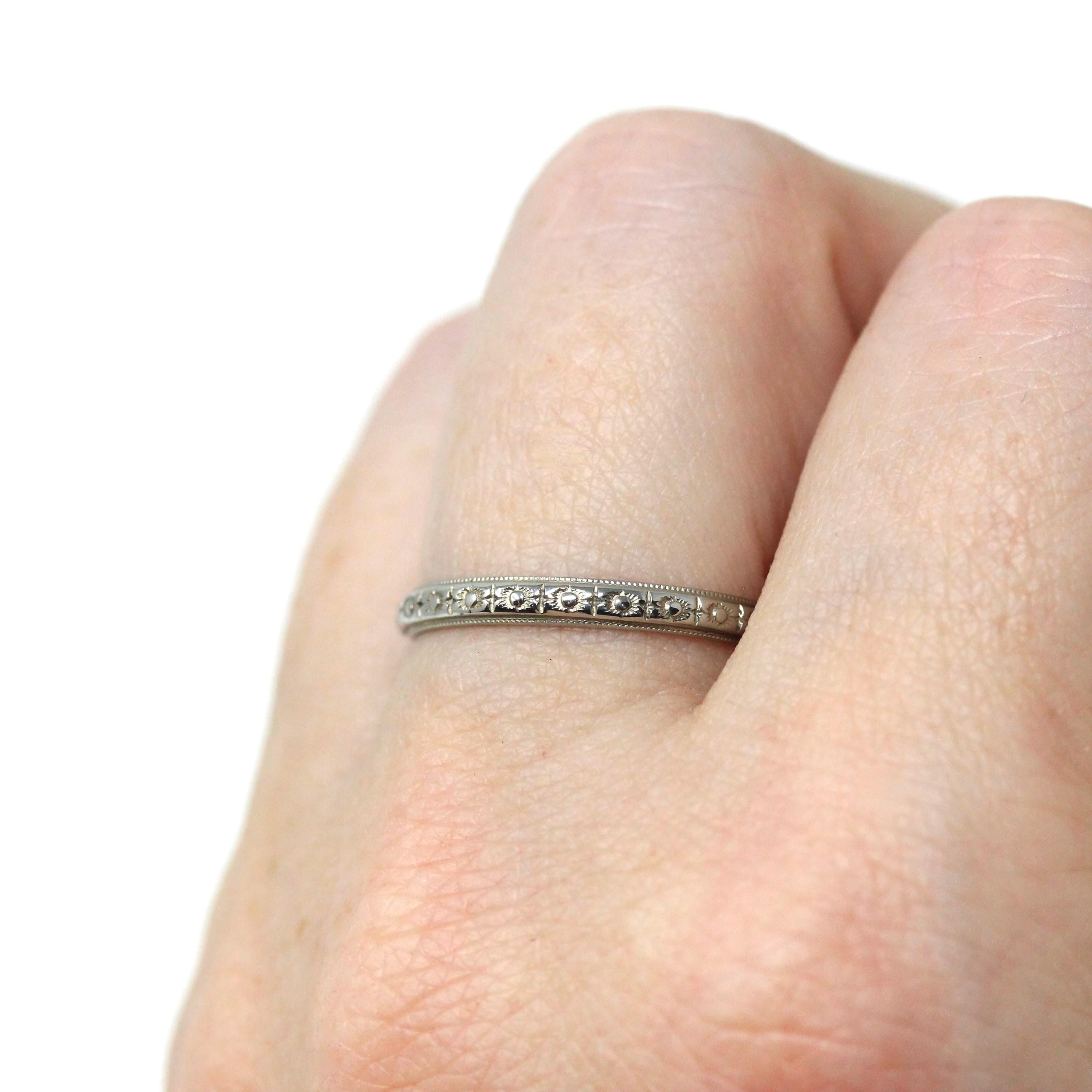 Antique Wedding Band - Art Deco 18k White Gold "T.O.M. to H.P. 10-15-27" Eternity Flower Ring - Vintage 1920s Size 7 1/4 Bridal Fine Jewelry