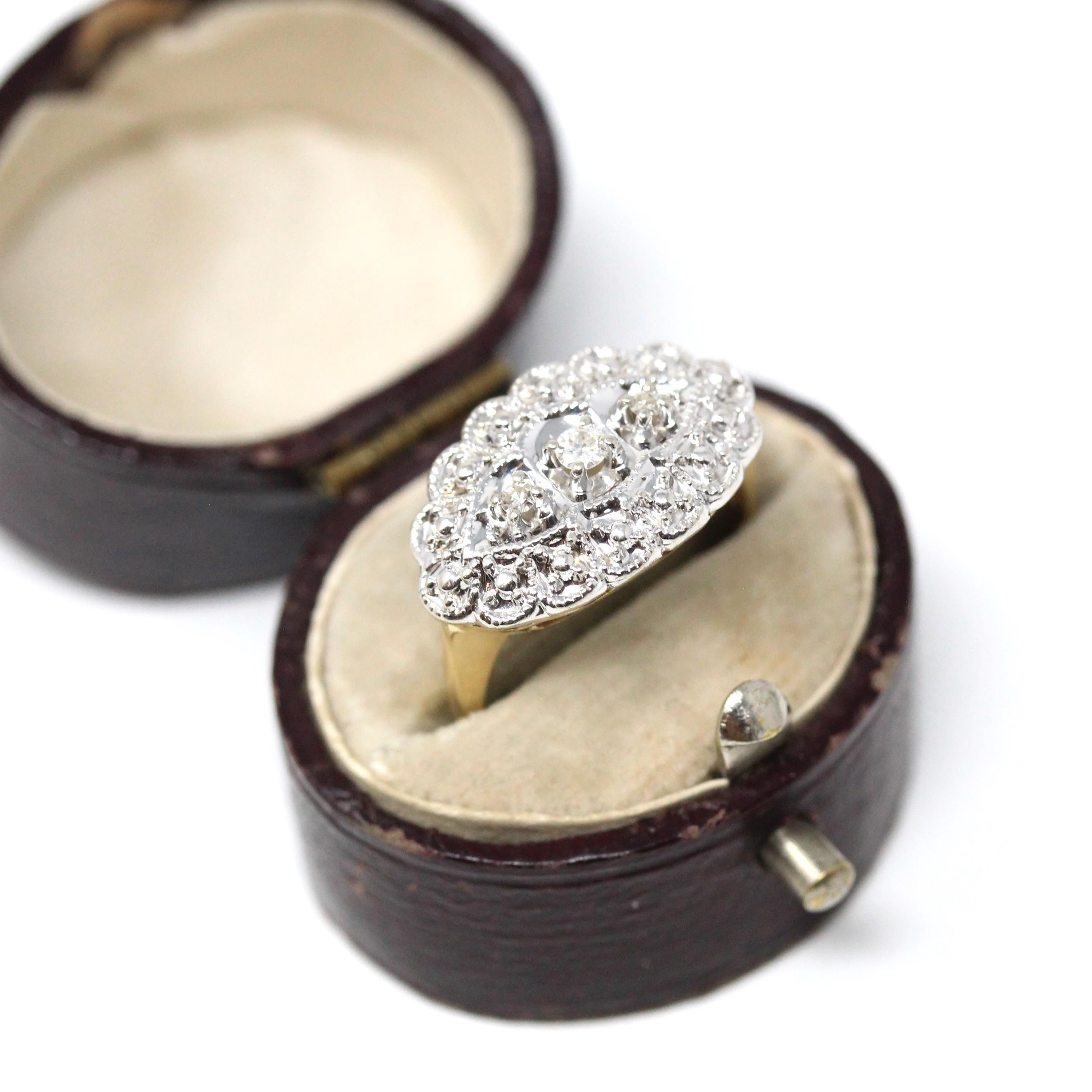 Mid Century Princess Ring - Vintage 14k Yellow White Gold Natural Diamond Two Tone Three Stone - Circa 1950 Size 5 1/4 Illusion Fine Jewelry