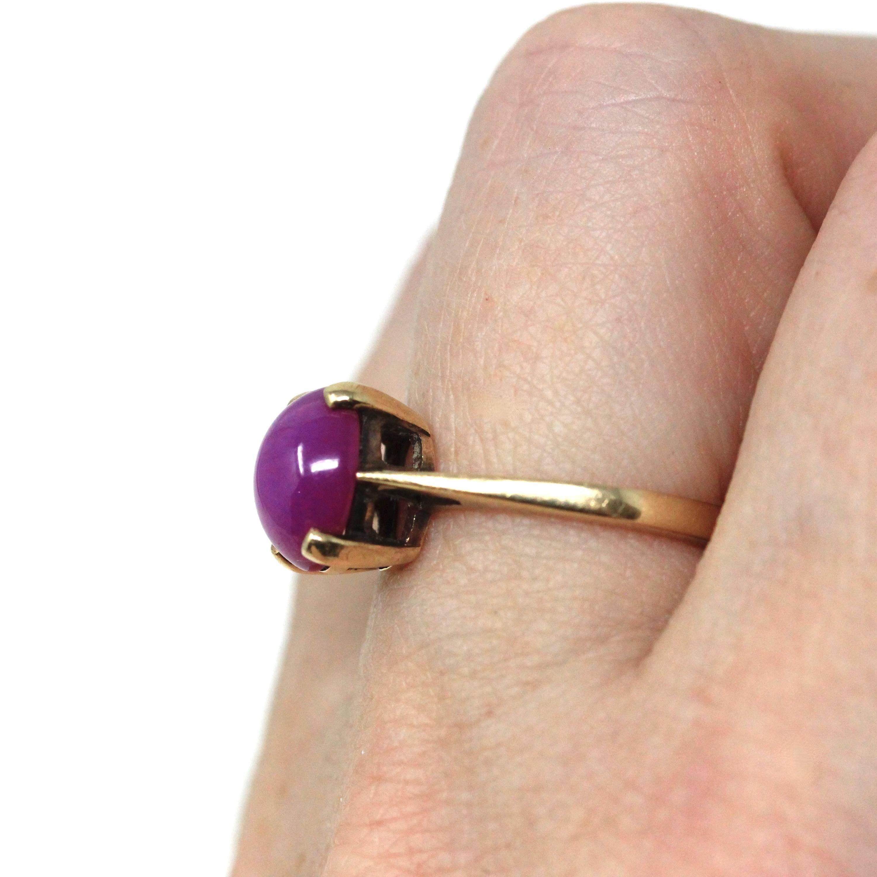 Created Star Ruby Ring - Retro 10k Yellow Gold Cabochon Cut Pink Solitaire Gemstone - Vintage 1960s Era Size 6 Celestial Fine 60s Jewelry